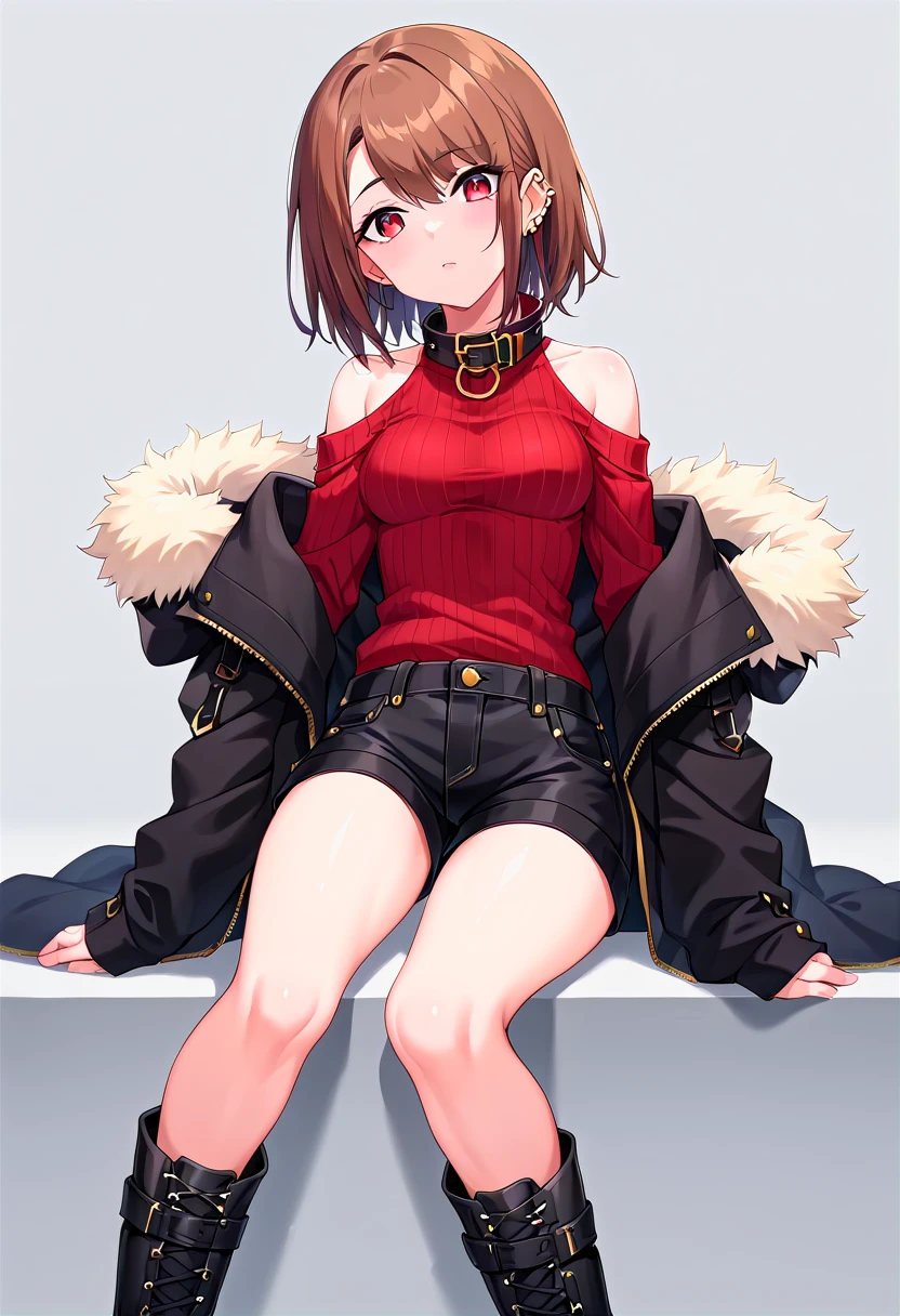 score_9, score_8_up, score_7_up, source_anime,
charaSF, 1girl, solo, medium hair, brown hair, red eyes, ear piercing, collar, black jacket, off shoulder, fur trim, red sweater, ribbed sweater, turtleneck, shoulder cutout, long sleeves, black shorts, black boots,
best_quality, masterpiece, anime style
