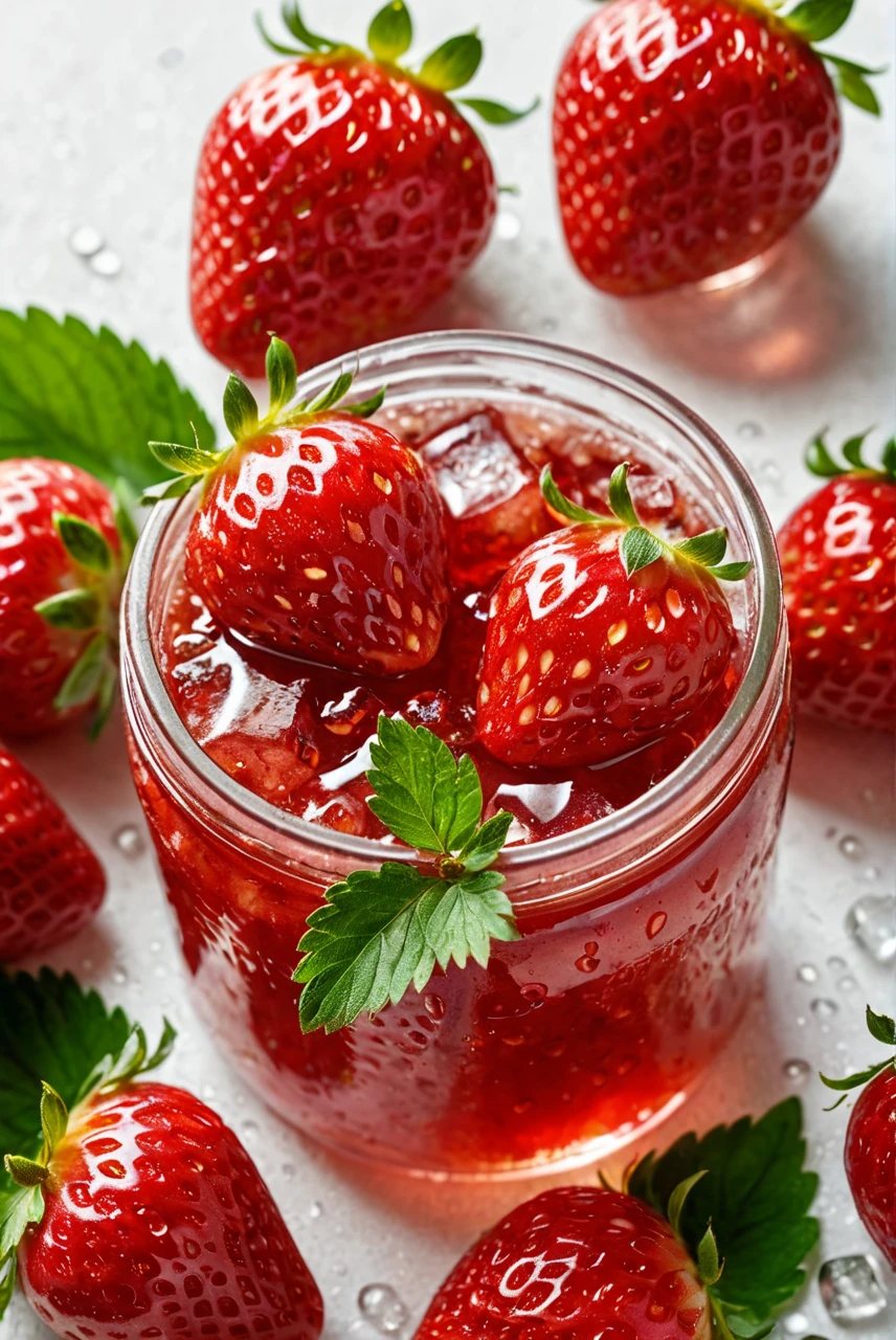 photoart_style,(A close-up of the strawberries in the pink strawberry jam, with ice cubes and green leaves scattered on top. The color is bright red and very attractive. It's very realistic, and you can see all kinds of fresh fruits inside the jar. There was an overall texture of water droplets and drops on it),realistic,(film grain),ultrarealistic 4k,cinematic light,light glare,light flare,perfect composition, dynamic play of light, rich colors, epic shot, perfectly quality, natural textures,high detail, photoshadow, (natural colors, correct white balance, color correction, dehaze),(intricate detailed),