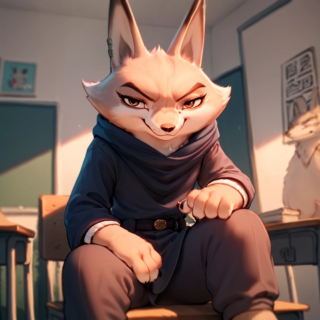 score_9, score_8_up, score_7_up, score_6_up, score_5_up, score_4_up, source_anime,  KFPZhen, furry, school uniform, smirk, sitting, class room,