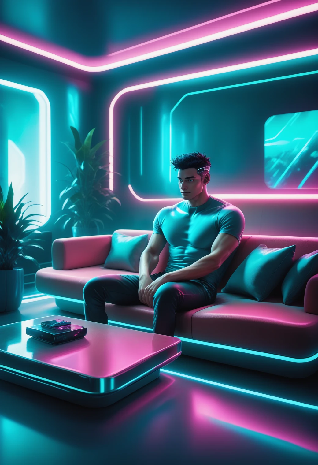 score_9, score_8_up, score_7_up,,1man,futuristic,livingroom,sitting on a couch, joggingoutifit, blackhair, close up  <lora:FuturisticPonyInteriors_epoch_7:0.7>