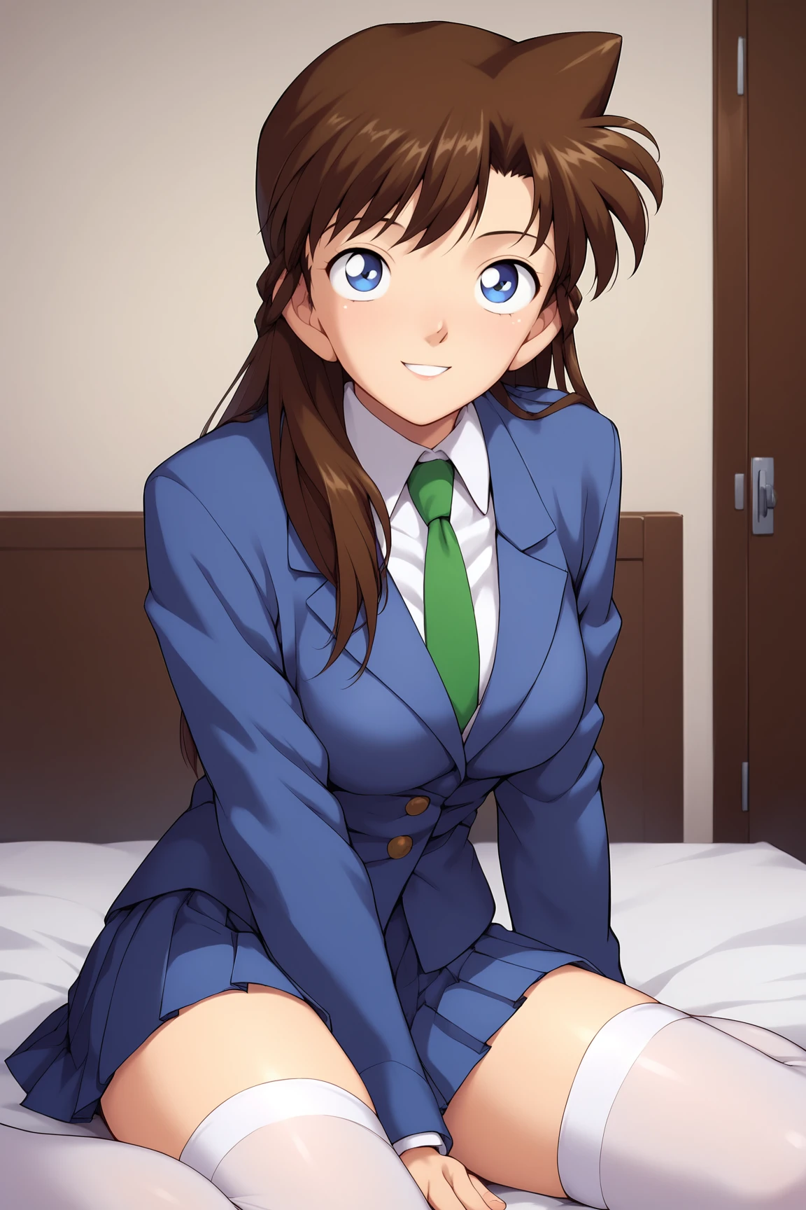 score_9, score_8_up, score_7_up, score_6_up, BREAK, RanMoriDCXL, 1990s (style), blue eyes, brown hair, long hair, bangs, medium breasts, blue jacket closed jacket, shirt, green necktie, blue skirt, pleated skirt, white stockings, solo, sitting, seductive smile, looking at viewer, indoors <lora:RanMoriDCXL:0.8>