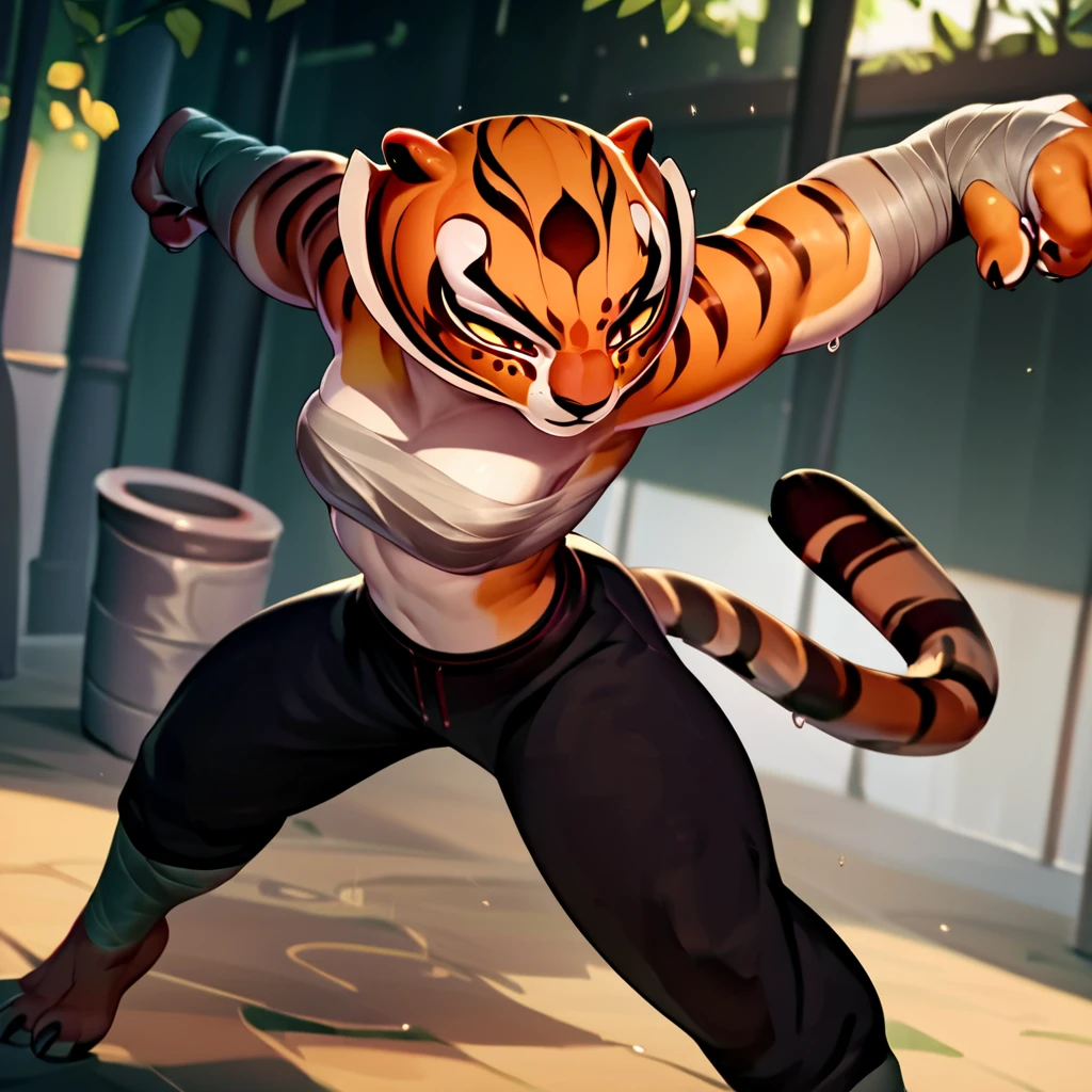 score_9, score_8_up, score_7_up, score_6_up, score_5_up, score_4_up, source_anime,  Tigress, furry, open eyes, bandages, tube top, dynamic pose fighting