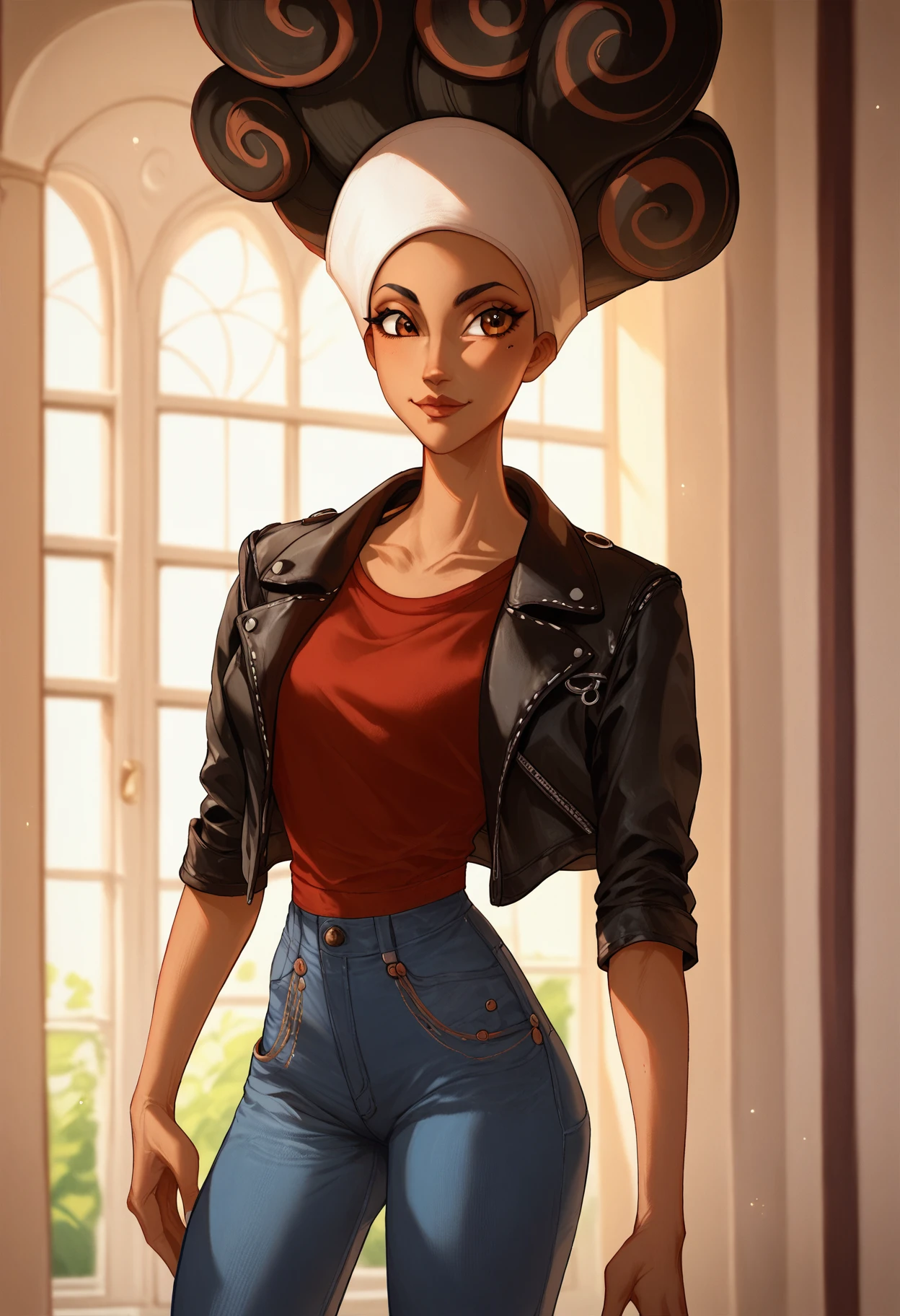 score_9, score_8_up, score_7_up, score_6_up, score_5_up, score_4_up, Calliope, 1girl, brown eyes, black hair, leather jacket, red t-shirt, jeans, white headband