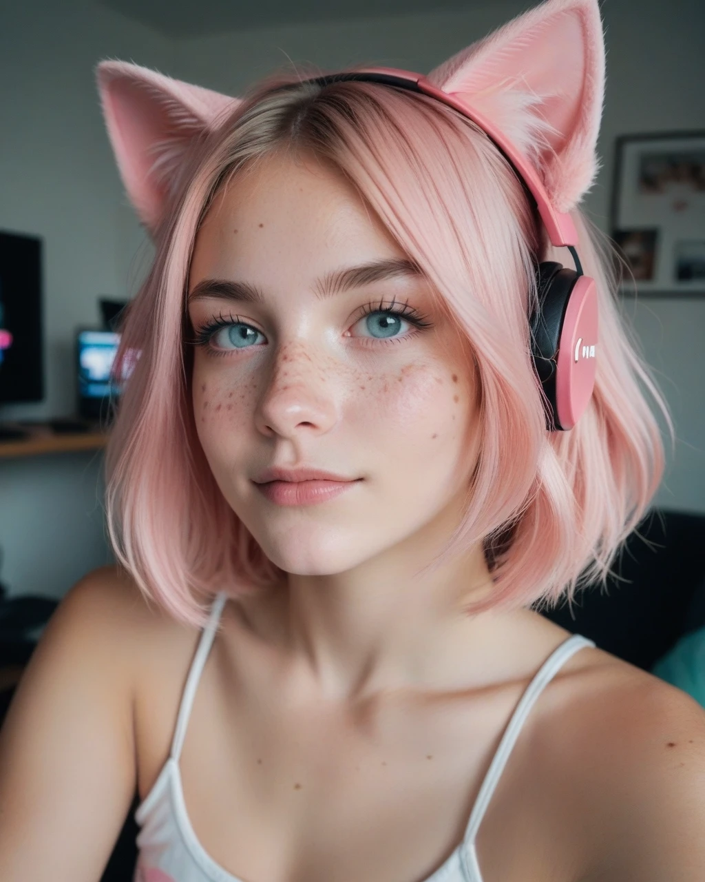 score_9,score_8_up, score_7_up, photograph of a cute gamer girl, pale skin, pink hair, medium hair, freckles, headphones, cat ears