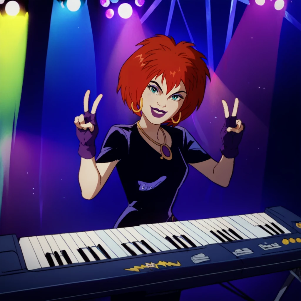 score_9,score_8_up,score_7_up,perfect anatomy,source_anime,
1girl,solo,cowboy shot,<lora:wer (10):1>,luna(character),keyboard \(instrument\),short hair,red hair,fingerless gloves,makeup,hoop earrings,purple lips,purple dress,looking at viewer,hands up,V,smile,stage,stage lights,