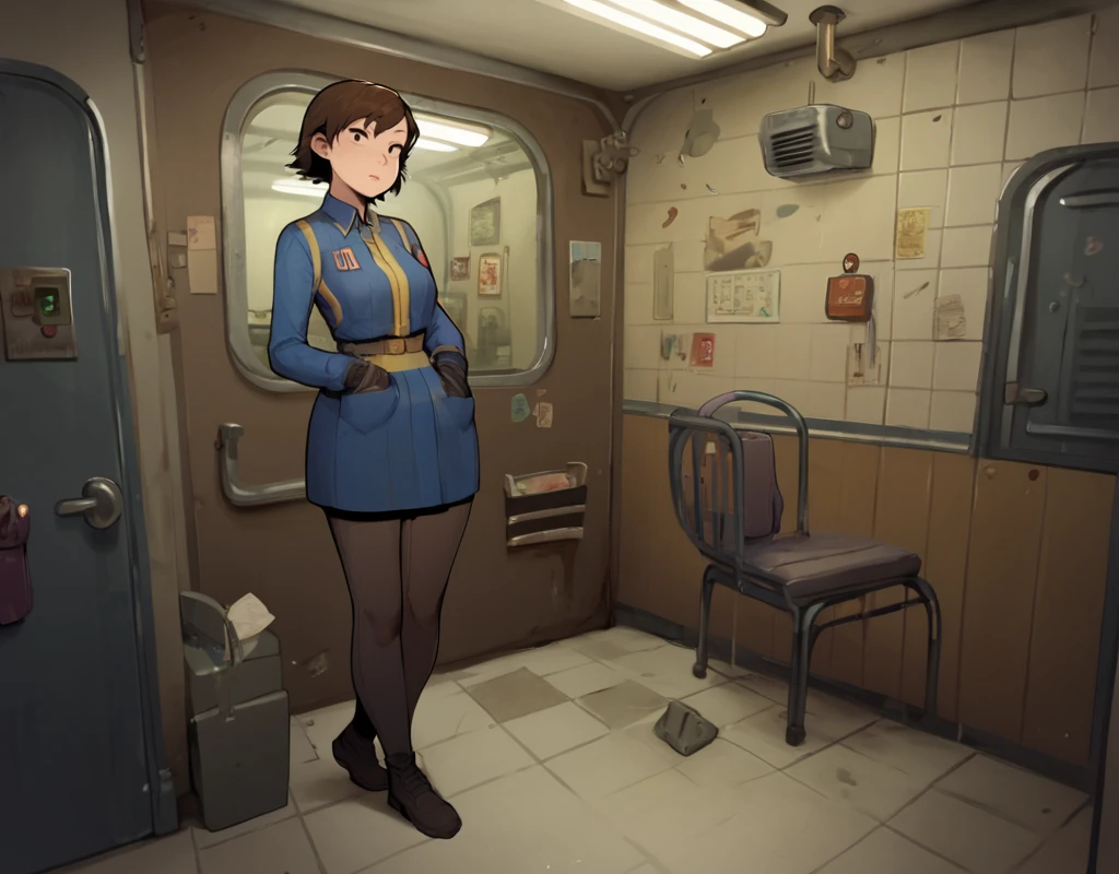 score_9, score_8_up, score_7_up, score_6_up, score_5_up, score_4_up, brown hair, tomboy, round face, puffy eyes, wearing collared dress, Vault-Tec, Fallout,  bunker, indoors, chair, pocket door, tiles, subway, <lora:Fallout_BG:.7>