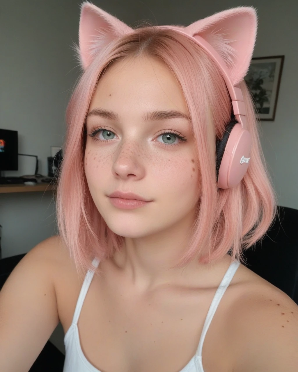 score_9,score_8_up, score_7_up, photograph of a cute gamer girl, pale skin, pink hair, medium hair, freckles, headphones, cat ears