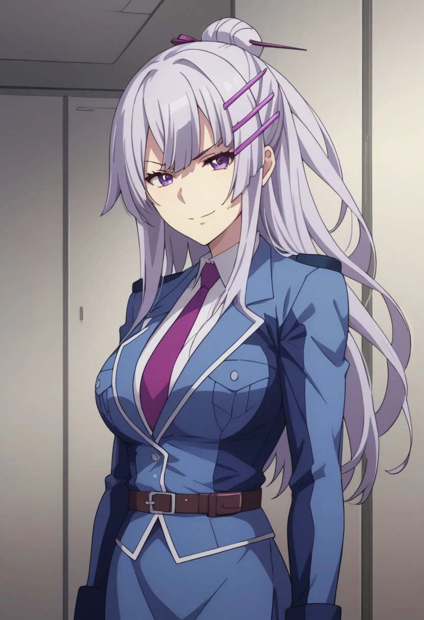 score_9, score_8_up, score_7_up, source_anime, highly detailed, 
Froleytia, 1girl, solo, necktie, standing, skirt, belt, collared shirt, long hair, hair ornament, shirt, purple necktie, bangs, blue skirt, closed mouth, jacket, looking at viewer, long sleeves, purple eyes, blue jacket, upper body, breasts,  smirk,
indoor,