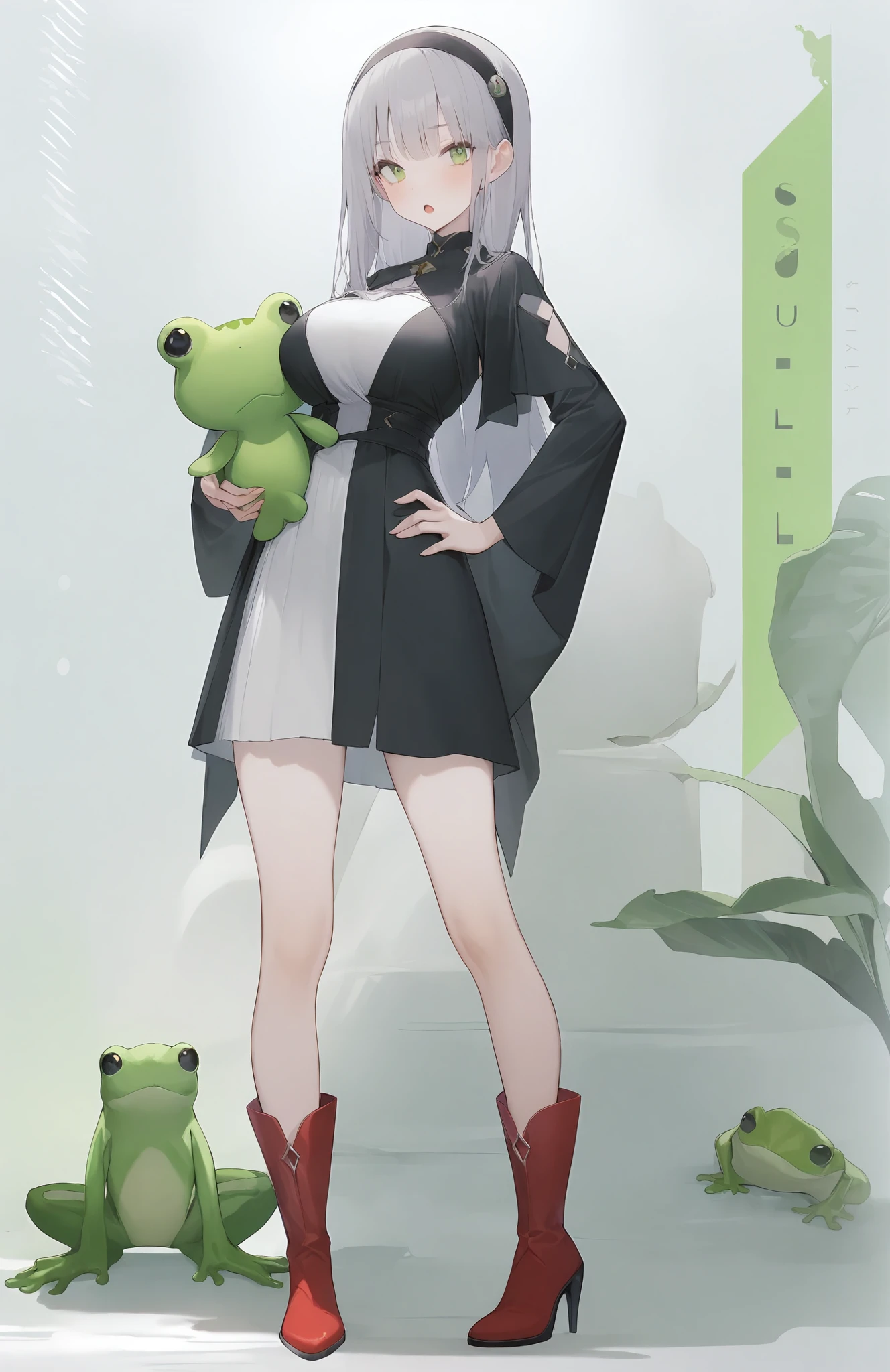 1girl,
sul \( 20sub\),
stuffed toy, black hairband, dress, character name, looking to the side, standing, open mouth, long hair, red footwear, frog, full body, breasts, long sleeves, stuffed animal, hairband, hand on own hip, character profile, high heel boots, white dress, large breasts, grey hair, black footwear, high heels, black dress, holding stuffed toy, holding, looking at viewer, green eyes, solo, boots, wide sleeves, stuffed frog,
masterpiece, best quality, newest
<lora:sul_(_20sub)_image66_2024-03-28_a31-000035:1>
