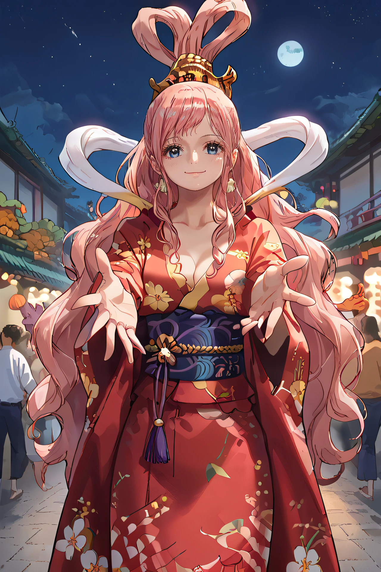 score_9, score_8_up, source_anime,
shirahoshi, very long hair, pink hair, hair rings, hair ornament, mermaid,
kimono, yukata, obi, summer festival, standing, cowboy shot, smile, closed mouth, night, reaching towards viewer,
<lora:Smooth Style 2 SDXL_LoRA_Pony Diffusion V6 XL:0.8> <lora:shirahoshi:1>