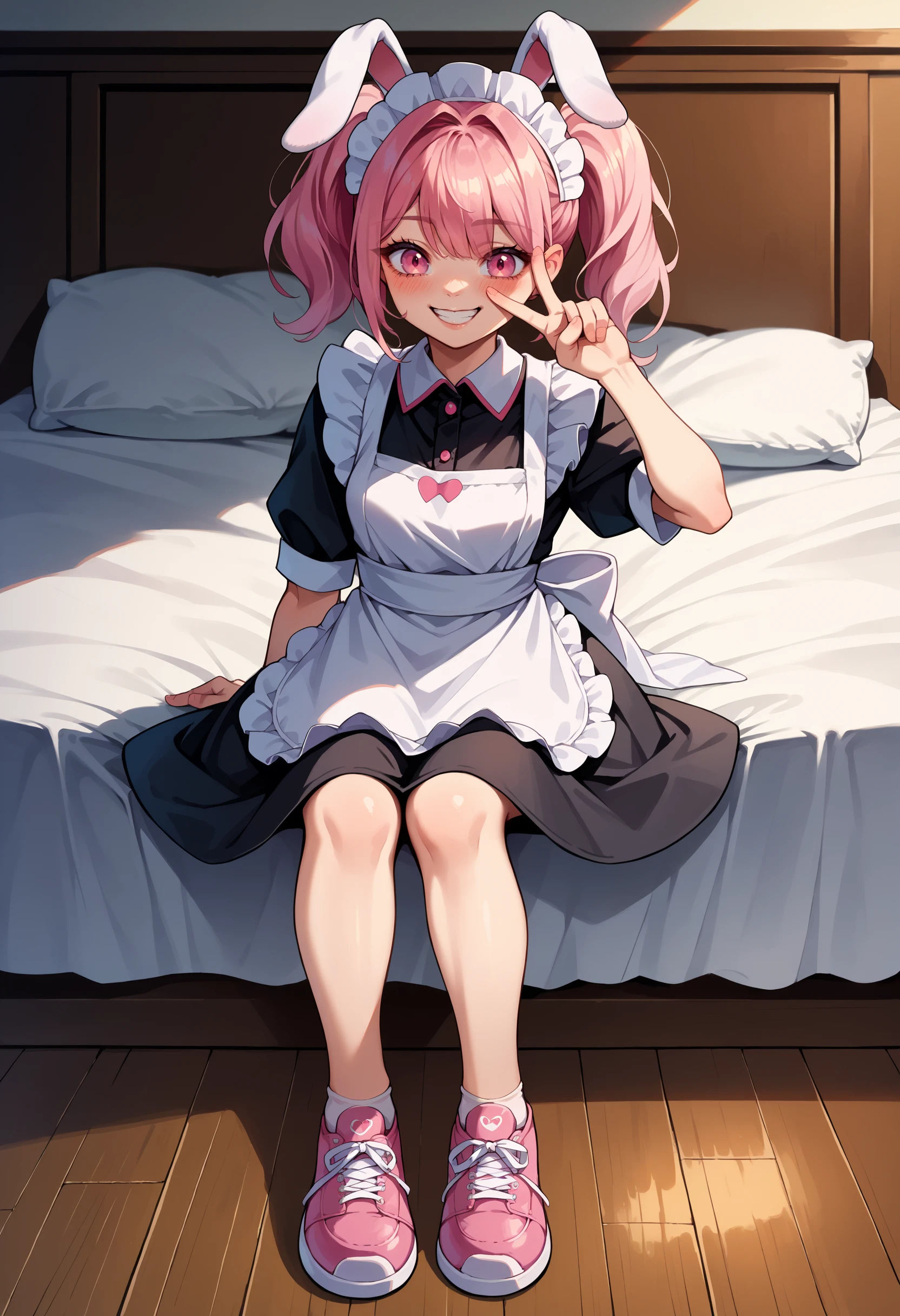 score_9, score_8_up,score_7_up, source_anime, 1girl, solo,
vgtsav, hand on own face, 
<lora:VctryVsg_pdxl_EliPot:1> 
pink footwear,rabbit girl,sitting,smile,maid apron,sidelocks,eyes visible through hair,apron,teeth,rabbit ears,short hair,pink eyes,shoes,female focus,full body,blush,pink hair,wariza,maid headdress,twintails,sneakers, on bed, indoors,