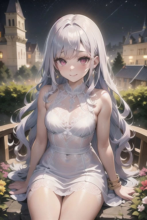 intricate details, finely detailed, <lora:Add Detail:0.4>, (masterpiece), best quality, high resolution, highly detailed, detailed background, thin, small size, ((curved)), (ray of lights), colorful backgrounds, (close up),  ((st_style)),determined, ((medium wavy hair)), silver hair, sunny, medium breasts, wink, evening, pink flower in hair,  ((landscape of a sumptuous castle on a hill covered in flowers)), tiara, bracelets, nacklace, long earrings, ((beautiful white dress in lace with intricate details)), cows, , horses, birds, sitting, pink eyes