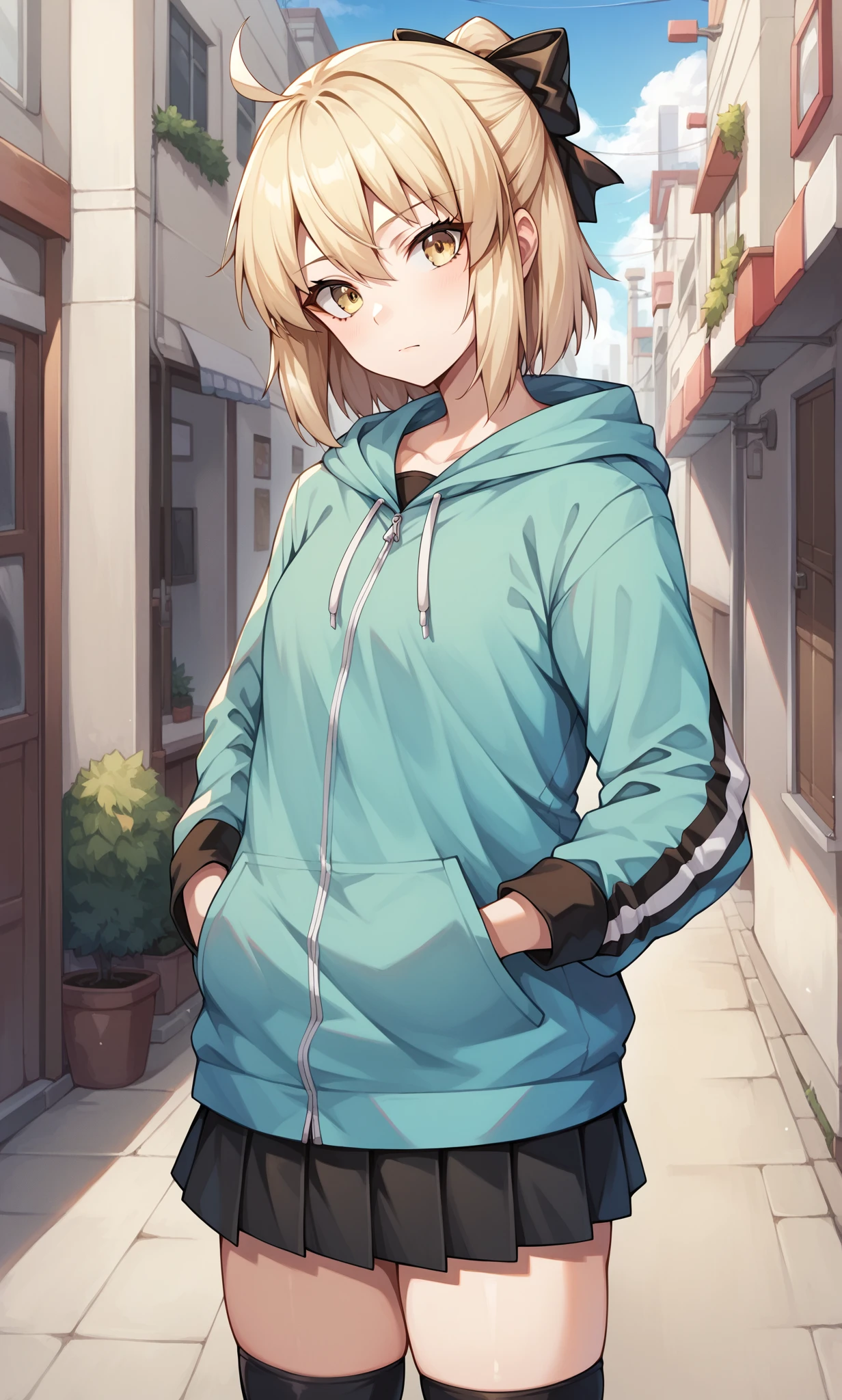  score_9, score_8_up, score_7_up, score_6_up, score_5_up, score_4_up, BREAK source_anime, 1girl, solo, outdoors, street, cowboy shot, looking at viewer, :o, closed mouth, okita, yellow eyes, blonde hair, short hair, ahoge, hair bow, black bow, hoodie, long sleeves, hoodie down, hands on pocket, skirt, pleated skirt, thighhighs