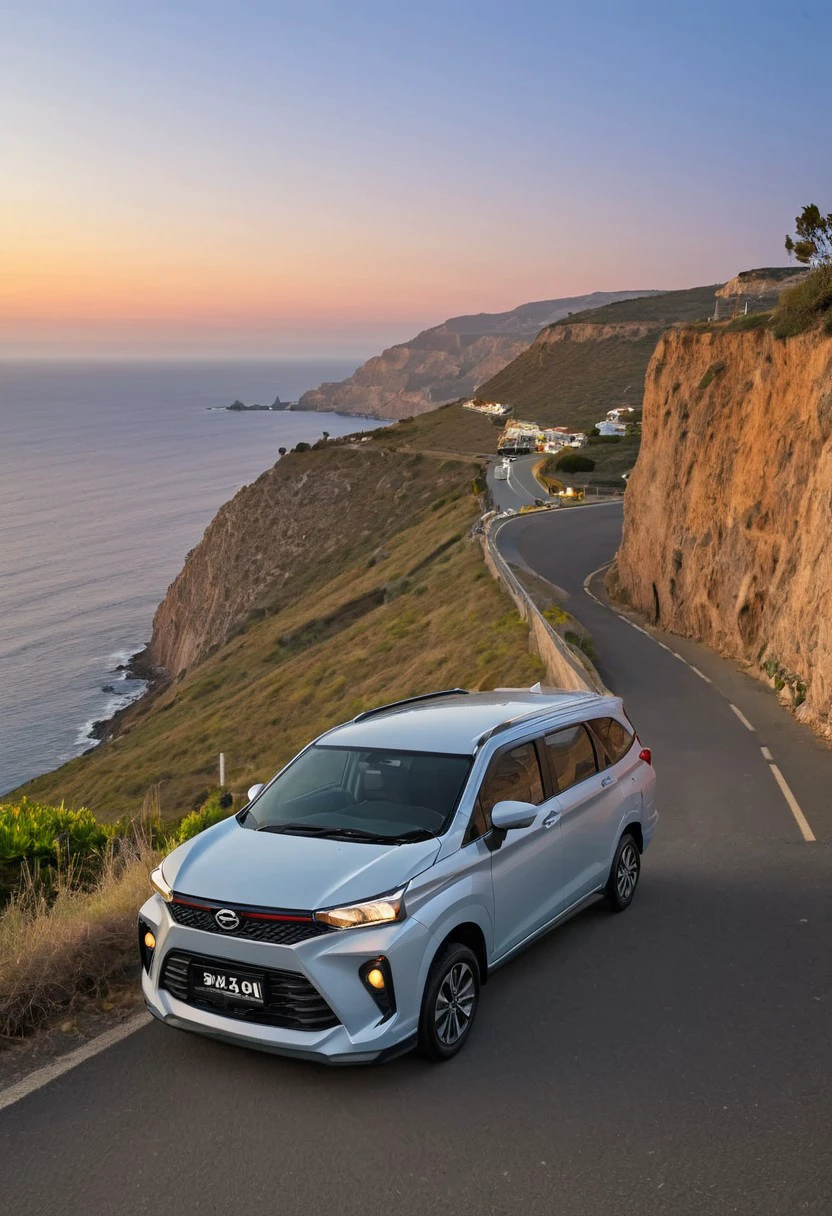 high resolution, best quality, Car, Daihatsu Xenia, Winding coastal road, sunset, cliffs,