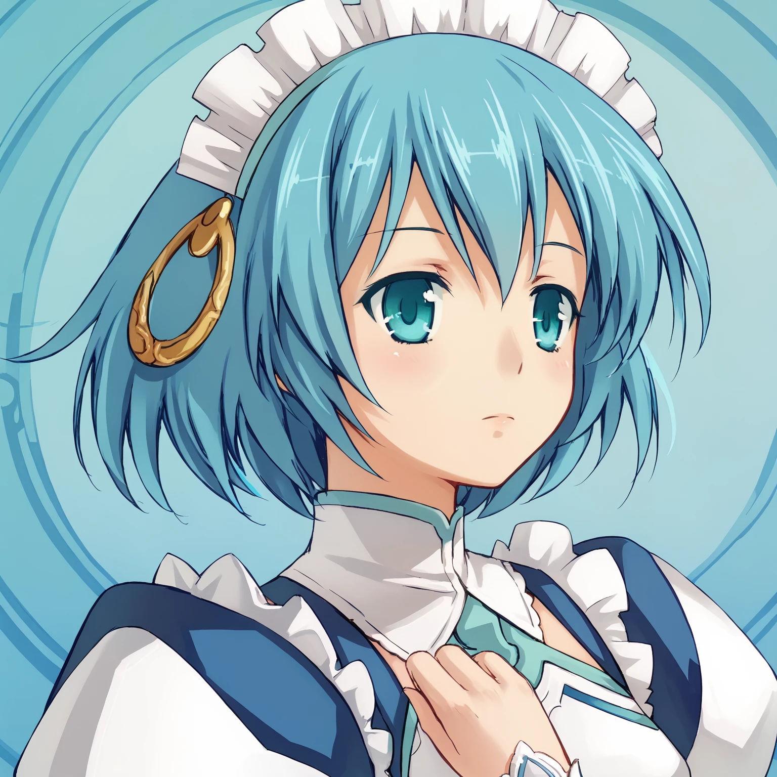 1girl, solo, portrait <lora:WhimXLpony:1> Whim, aqua eyes, aqua hair, short hair, maid headdress, hair ornaments, maid apron