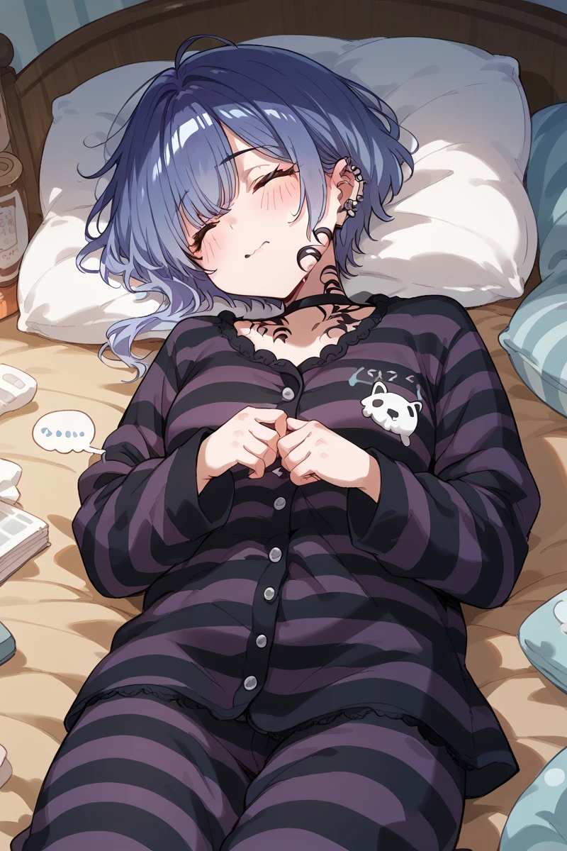 score_9, score_8_up, score_7_up, score_6_up, 1girl, solo,
<lora:Sophia:0.9> sophia, piercing, striped dark pajamas, sleepy, sleep,