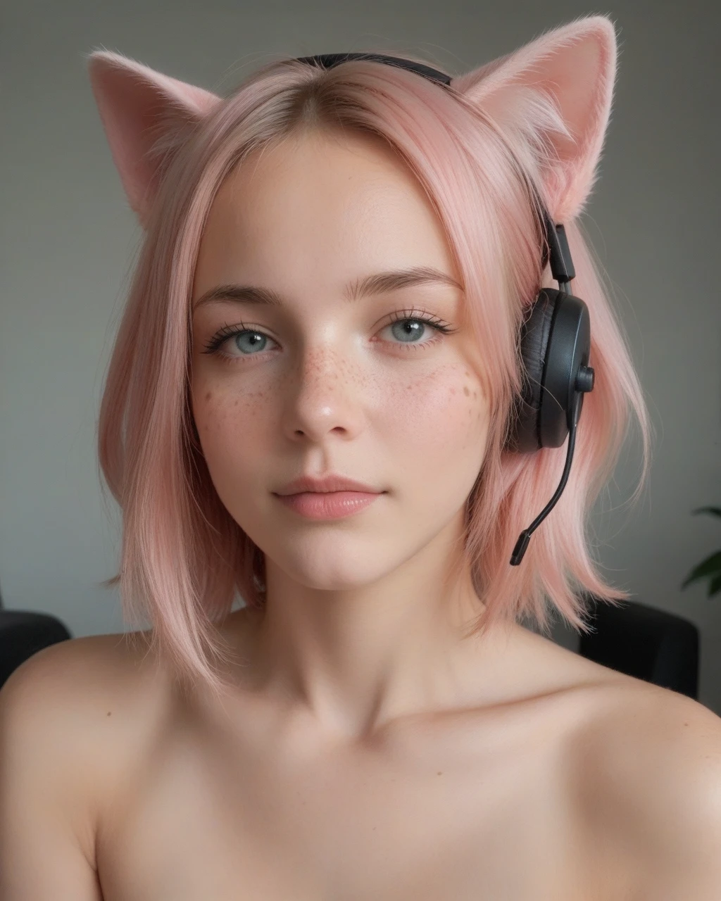 score_9,score_8_up, score_7_up, photograph of a cute gamer girl, pale skin, pink hair, medium hair, freckles, headphones, cat ears