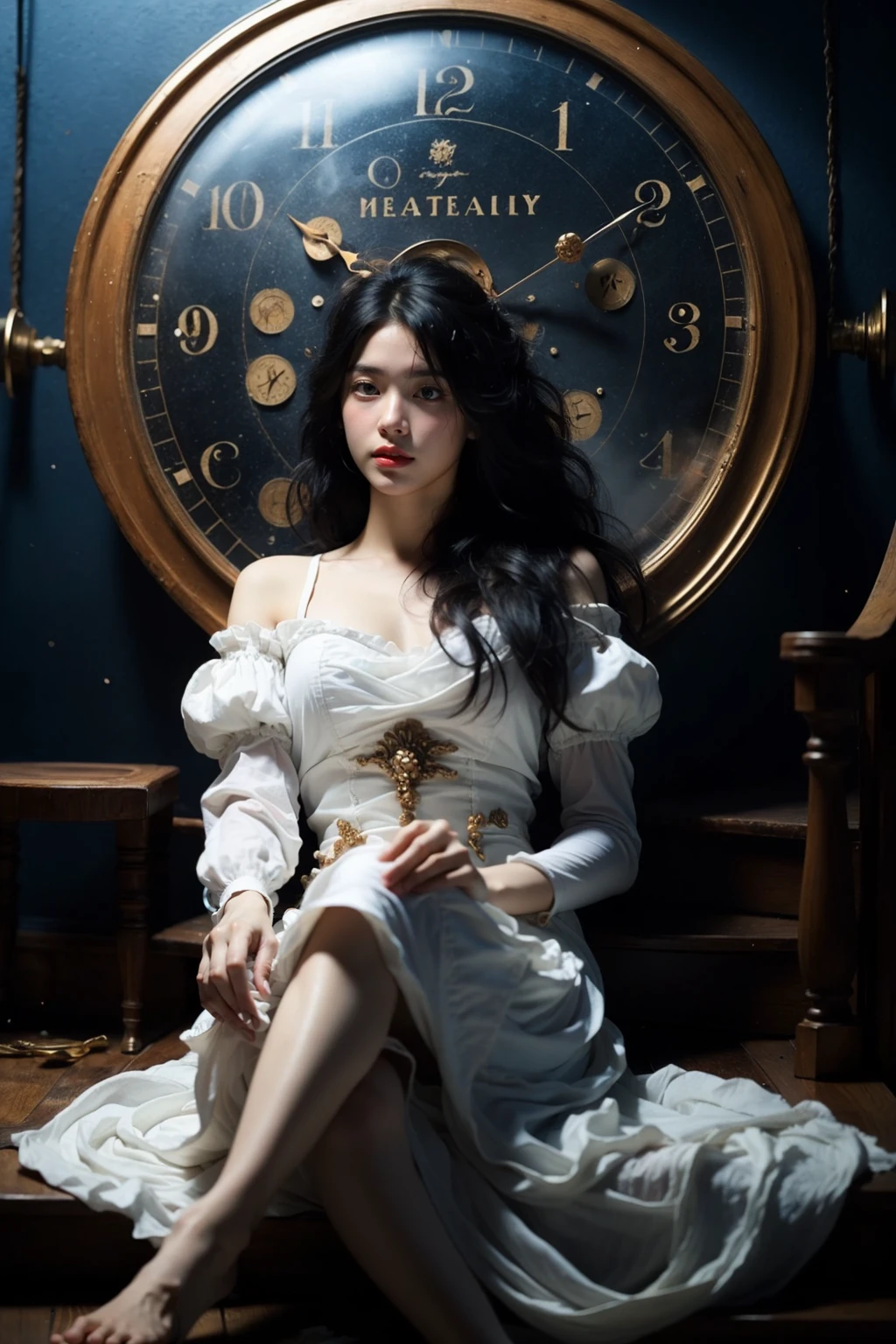 photorealistic,realistic,photography,masterpiece,best quality,ultra-detailed,extremely detailed CG unity 8k wallpaper,(reality: 1.4),1girl,solo,long hair,looking at viewer,black hair,long sleeves,dress,sitting,full body,barefoot,puffy sleeves,white dress,lips,stairs,realistic,clock,red lips,girl clock, <lora:JAY - Girl Clock:0.9>