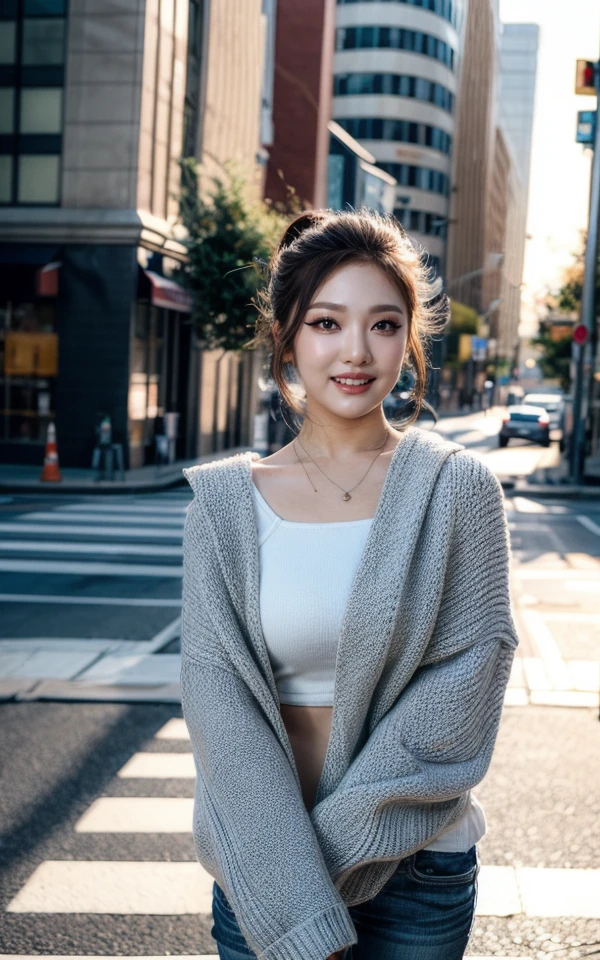 (smiling:1.2),  , (fullbody:1.2),  (realistic), (hyperrealism), (photorealistic:1.4), 1girl,,  looking at the viewer, eye makeup, detailed eyes, detailed face, (upper body:1.2), detailed background, walking at the streets, sunset, (windy:1.2)  z1pp3rsw3at3r,, sleeves past wrists, zipper sweater, Denim jeans <lora:more_details:1> <lora:Ningning_V1:1> Ningning_V1