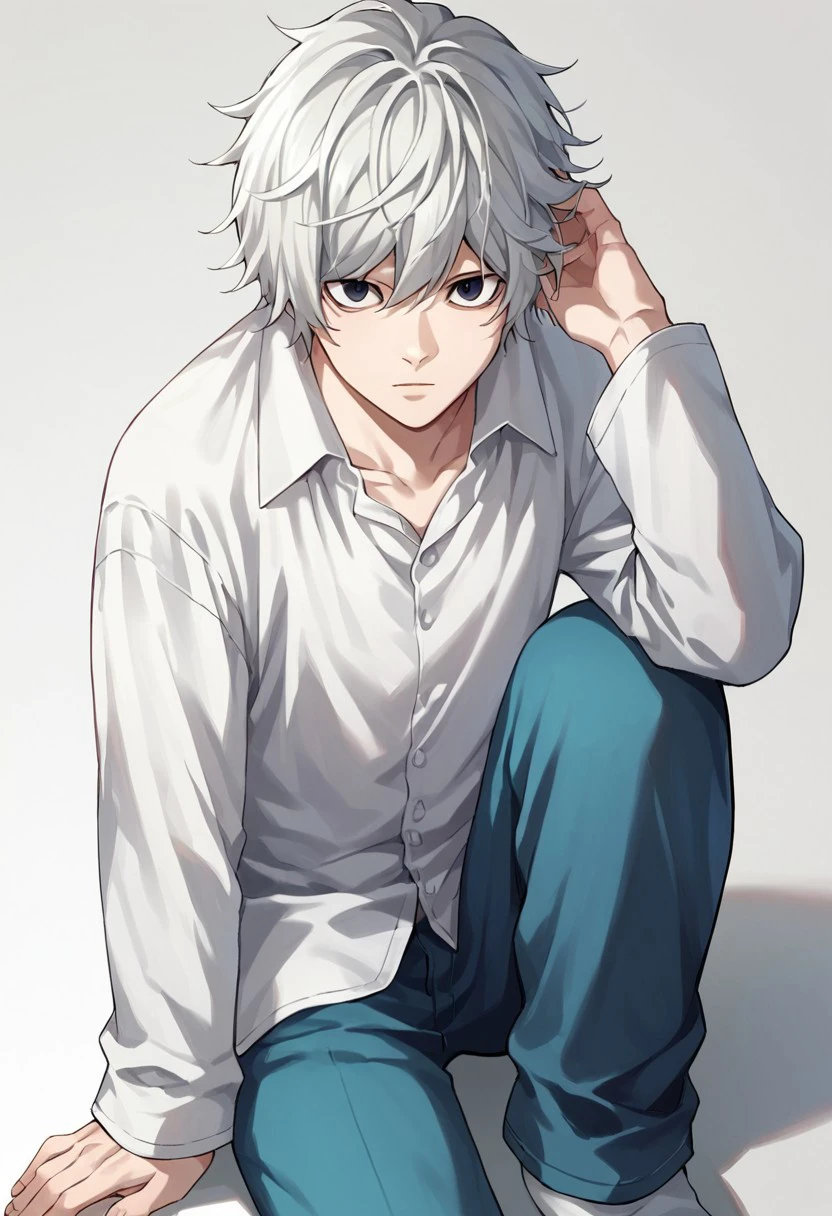 score_9, score_8_up, score_7_up, source_anime, highly detailed, 
near_dn, 1boy, solo, male focus, white hair, white theme, black eyes, sitting, looking at viewer, shirt, white shirt, long sleeves, pants, blue pants, socks, white socks, hand in hair,
indoor,