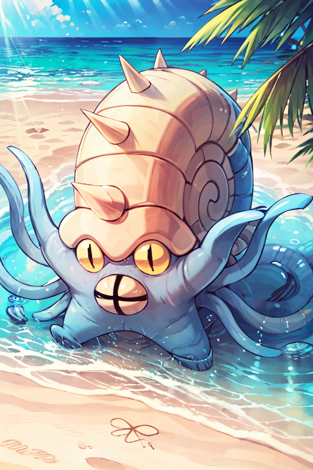 ((masterpiece,best quality)), absurdres,   <lora:OmastarPokemon:0.8>,   zzOmastar, looking at viewer, sitting, beach, sand, tropical plants, tropical drink, no humans,