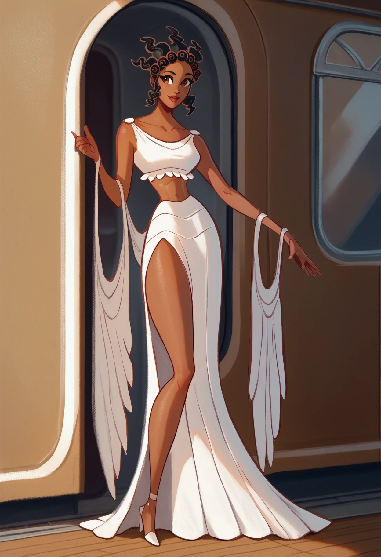 score_9, score_8_up, score_7_up, score_6_up, score_5_up, score_4_up, terpsichore, 1girl, brown eyes, black hair, white frilled crop top, white skirt with train, side slit, white arm drapes, high heels, standing