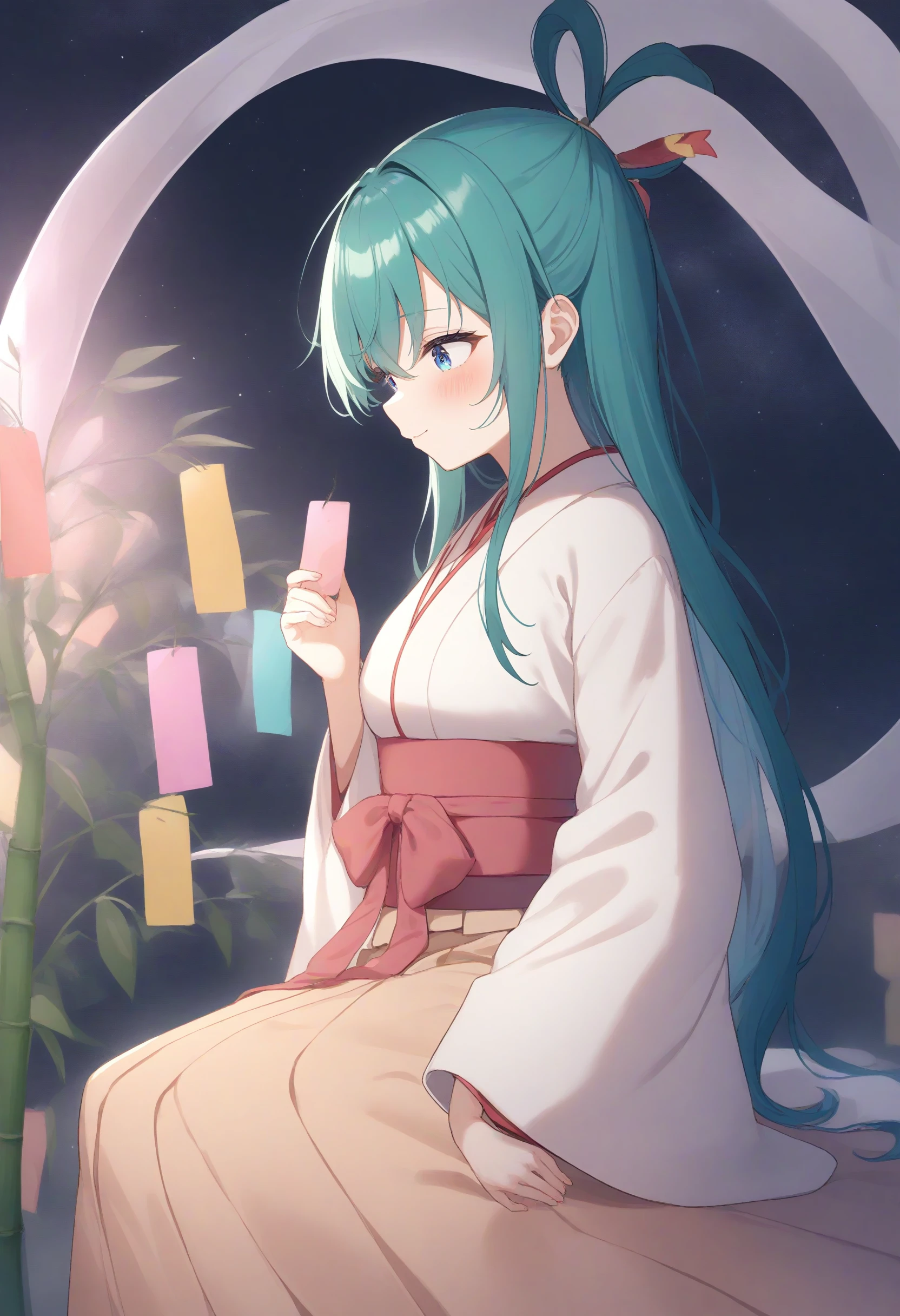 1girl,sincos, ningen mame, toosaka asagi,solo,medium breasts,
orihime, hair rings, hair ornament, shawl, japanese clothes, tanabata, hagoromo, long sleeves, wide sleeves, sash, kimono, star (sky), night,bamboo,tanzaku, <lora:orihime_XL_v1:1.0>
from side, feet out of frame, looking down, aqua hair, silver eyes,seductive smile,  closed mouth, braid ponytail hair,,
best quality, very aesthetic, absurdres