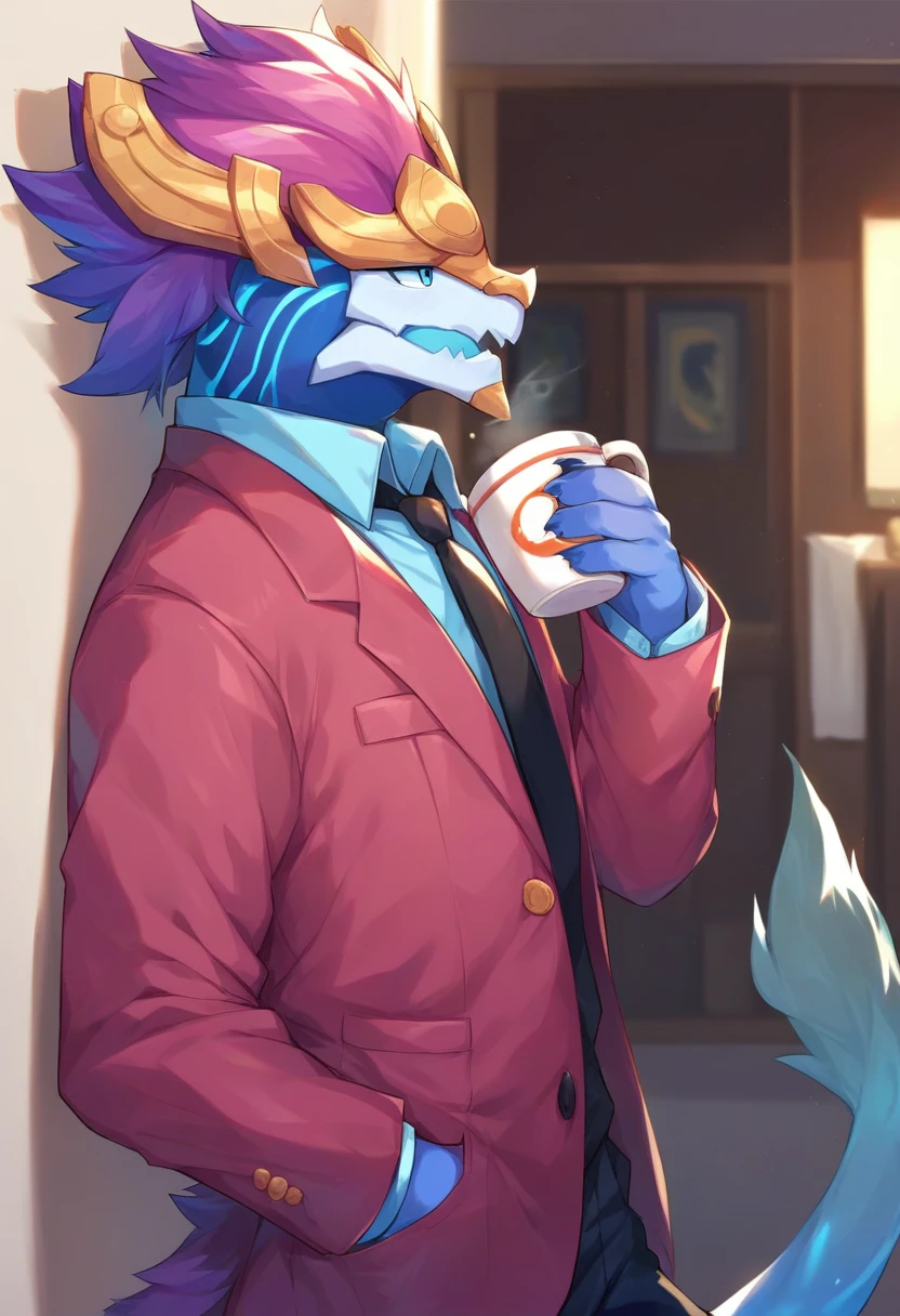 score_9, score_8_up, score_7_up, score_6_up, score_5_up, eastern dragon, aurelionsol, 8rj, [headgear, anthro], muscular, tail, solo, clothed, suit, leaning back, on wall, looking away, open mouth, holding coffee, hand in pocket, office, inside, side view