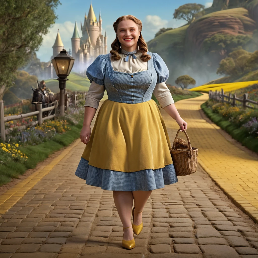 Wizard of OZ, Maggie Gyllenhaal as Dorthy walking down the yellow brick road. full body shot, smiling, teeth showing, chubby, magnificent, celestial, ethereal, painterly, epic, majestic, magical, fantasy art, cover art, dreamy, insanely detailed and intricate, hyper maximalist, elegant, hyper realistic, super detailed, vivid colours, ornate, dynamic, articulate, 8K, high budget Hollywood movie, volumetric, Painstaking Attention To Detail, UHD, wavy hair, freckles, blonde hair