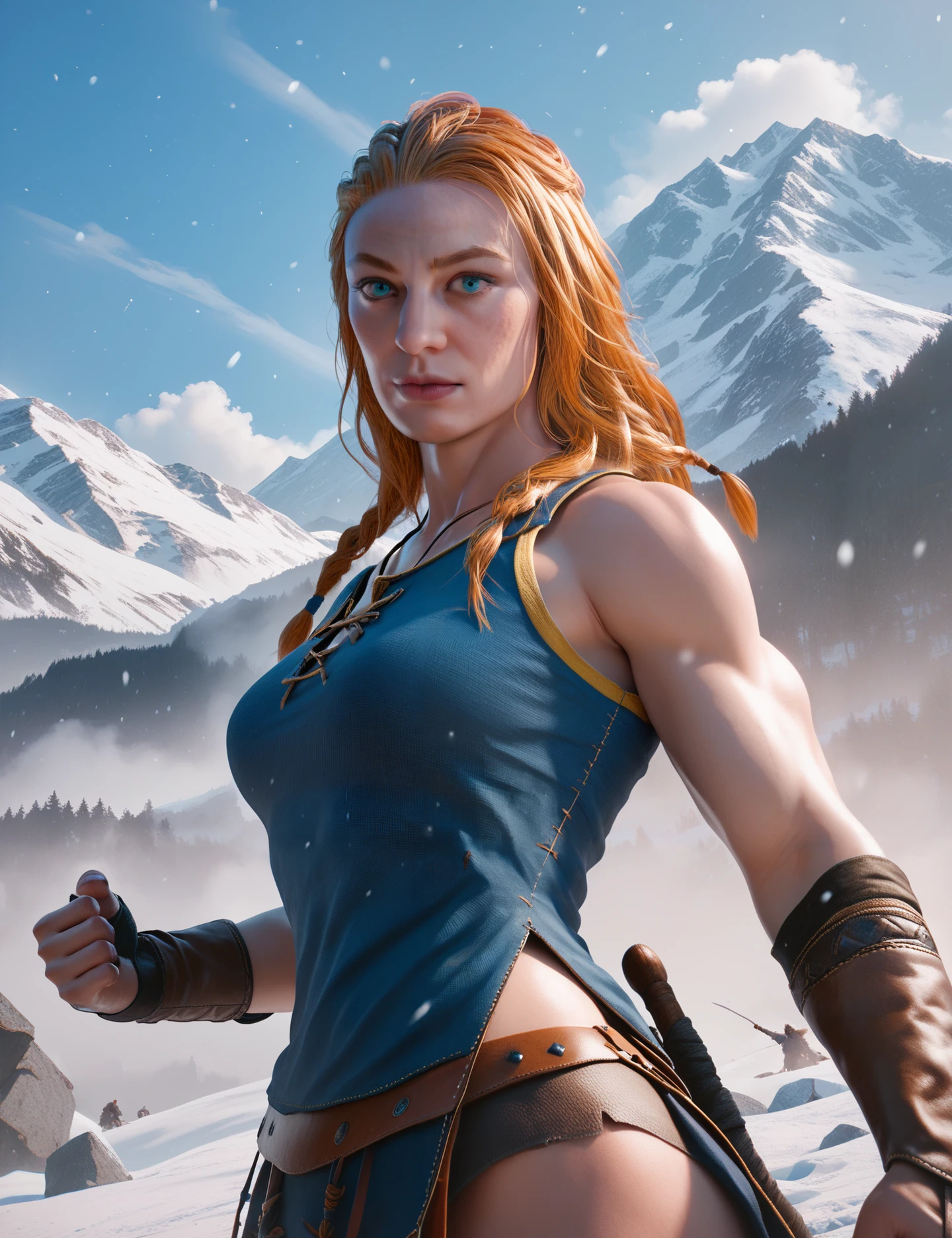 masterpiece, digital art <lora:LaufeyGOWR:0.7> l4ufey,1girl, blue eyes, sleeveless, athletic, power pose, from below, viking warrior, mountains background, snow, score_9, score_8_up, score_7_up, score_6_up