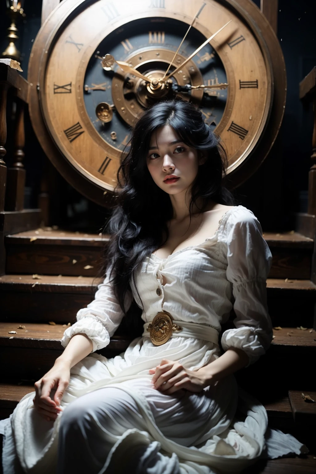 photorealistic,realistic,photography,masterpiece,best quality,ultra-detailed,extremely detailed CG unity 8k wallpaper,(reality: 1.4),1girl,solo,long hair,looking at viewer,black hair,long sleeves,dress,sitting,full body,barefoot,puffy sleeves,white dress,lips,stairs,realistic,clock,red lips,girl clock, <lora:JAY - Girl Clock:0.9>