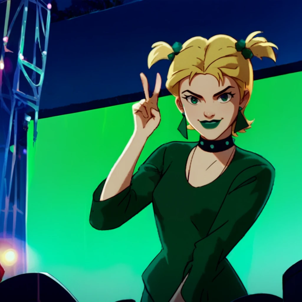 score_9,score_8_up,score_7_up,perfect anatomy,source_anime,
1girl,solo,cowboy shot,<lora:wer (10):1>,dusk(character),blonde hair,short twintails,green dress,green lips,choker,earrings,looking at viewer,hands up,V,smile,stage,stage lights,