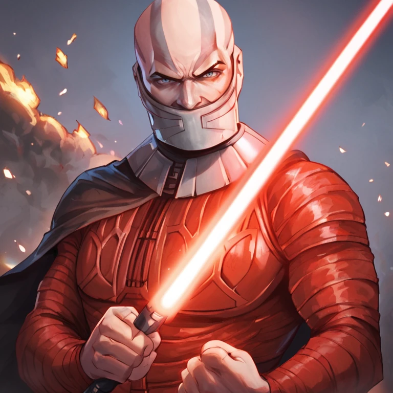 score_9, score_8_up, score_7_up, man, solo, darthmalak, mask, modulator mask, covered mouth,red lightsaber, head tattoo, bald, red armor, cape, looking at viewer, dark background, explosion, 