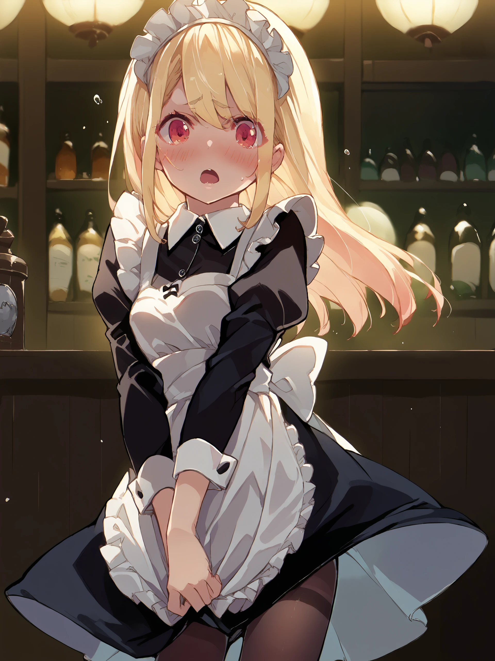 1girl, amane lily, solo, maid, maid headdress, maid apron, embarrassed, pantyhose, open mouth, blush, parted lips, looking at viewer, cowboy shot, bar \(place\), indoors, depth of field score_9, score_8_up, score_7_up, source_anime,  <lora:Char-AmaneLily-Pony-V1:1> small breasts <lora:style-nai:0.8>