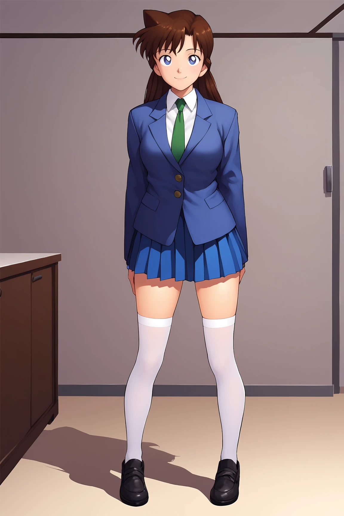 score_9, score_8_up, score_7_up, score_6_up, BREAK, RanMoriDCXL, 1990s (style), blue eyes, brown hair, long hair, bangs, medium breasts, blue jacket closed jacket, shirt, green necktie, blue skirt, pleated skirt, white stockings, black shoes, solo, full body, standing, seductive smile, looking at viewer, indoors <lora:RanMoriDCXL:0.8>