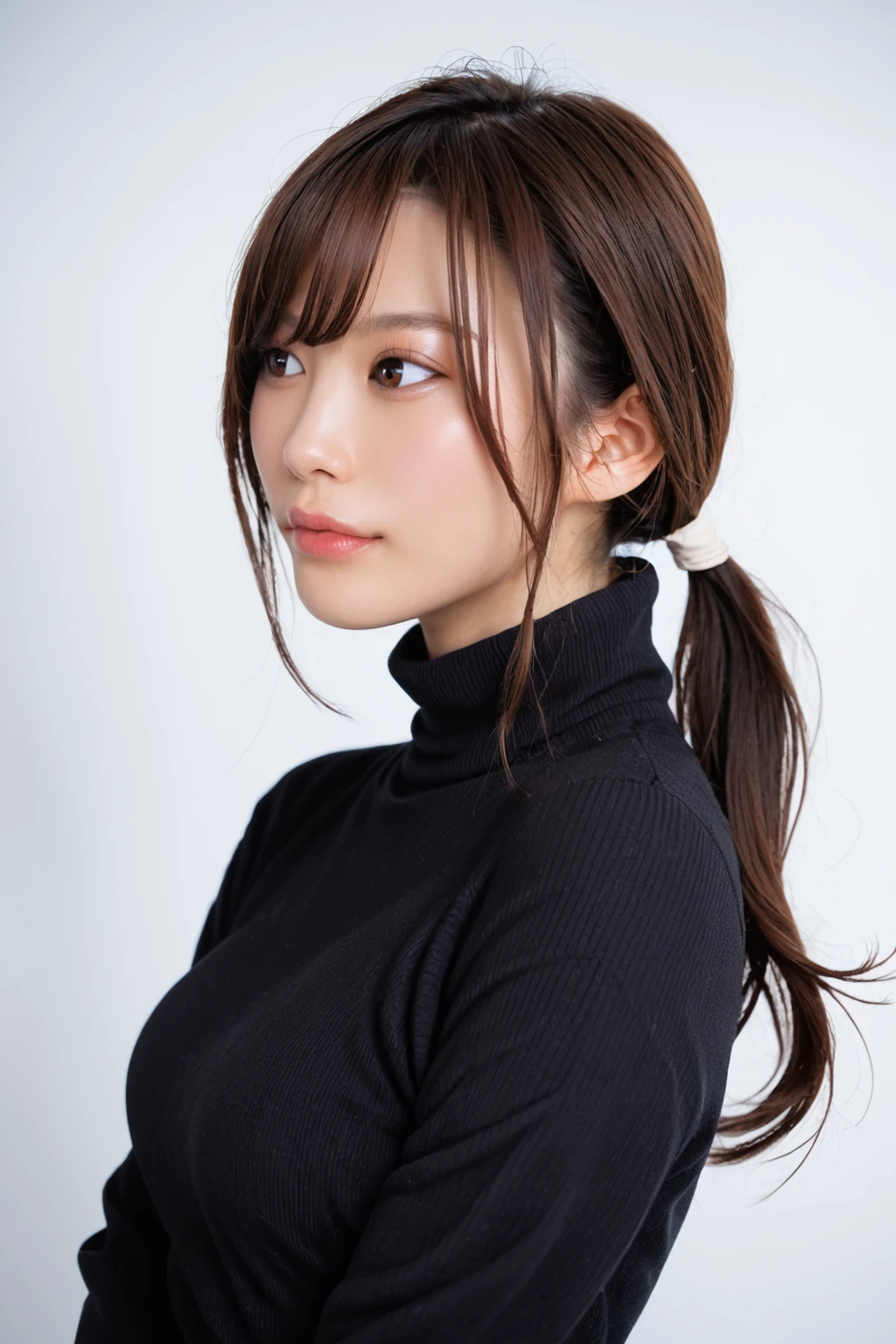 score_9,score_8_up,score_7_up,score_6_up BREAK source_real,raw,photo,realistic BREAK, 1girl,
<lora:Aizawa_V1:1>, kjoaizawa, black hair, long hair, bangs, brown eyes, Asian, low ponytail, 
turtleneck, long sleeves, 
from side, portrait, shot, expressionless, 
Simple background,
(Beautiful, medium Breasts:1.2), natural breasts,