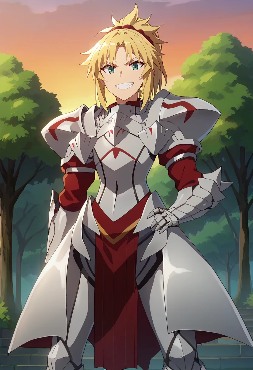 score_9, score_8_up, anime screencap, anime coloring, 
<lora:FateApocrypha_MordredXL:0.8>, MordredFA,
1girl, solo, smile, grin, teeth,
blonde hair, ponytail, parted bangs, red scrunchie, green eyes,
MordredArmor, armor, shoulder armor, faulds, gauntlets, greaves, pelvic curtain,
standing, looking at viewer, 
outdoors, forest, dark, sunset