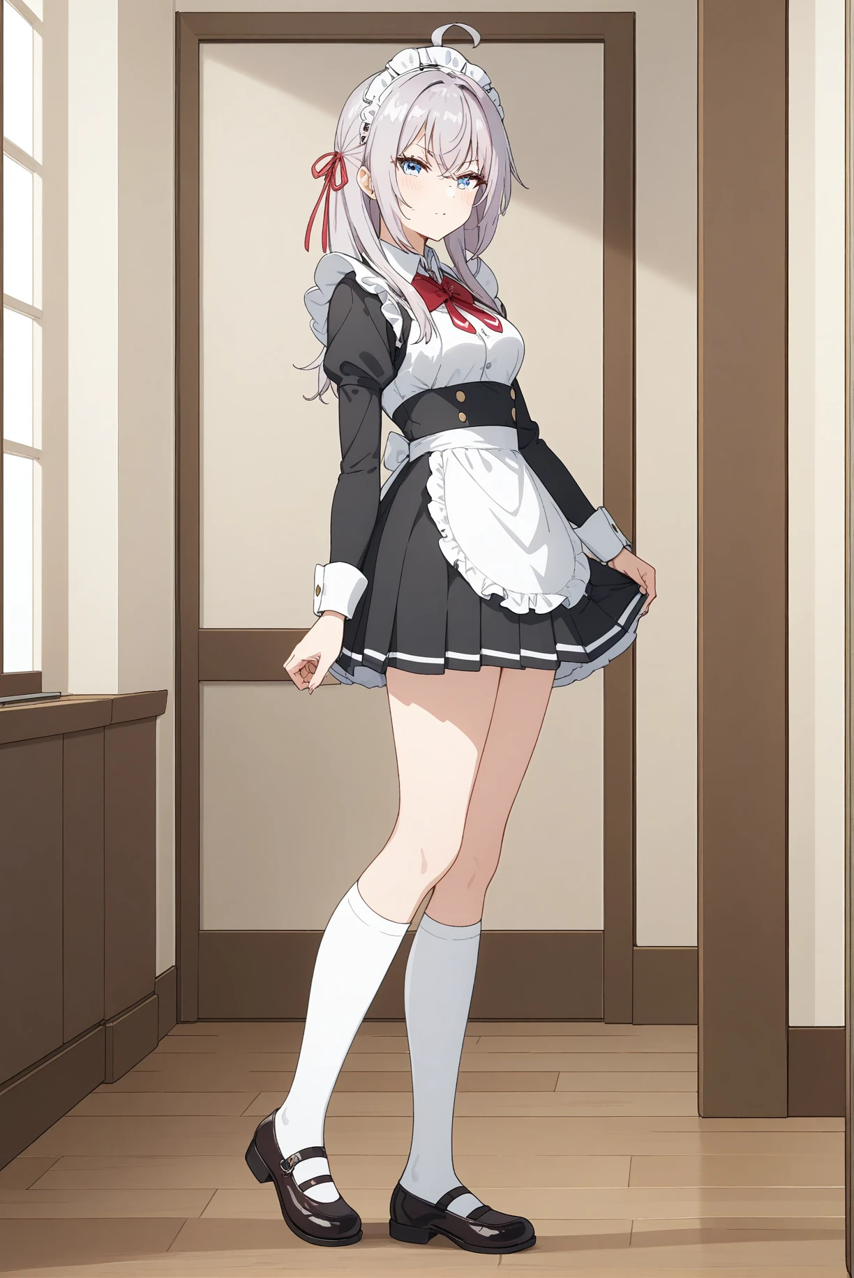 maid, td-alisa, red ribbon, 1girl, solo, narrow waist, masterpiece, absurdres, high quality, highres, best quality, (full body:1.20), recent <lora:td-alisa-V01-000003:0.7>