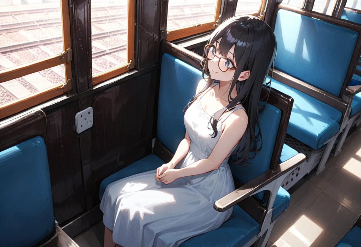 masterpiece, best quality, very aesthetic, absurdres,
1girl, solo, glasses, black hair, long hair, sundress, white dress, straw hat, bag, sitting, smile, looking at another, solo focus, from side,
oha35w, train interior, scenery, chair, sunlight, window, day, indoors,
<lora:oha35w_SDXL_V2:0.8>