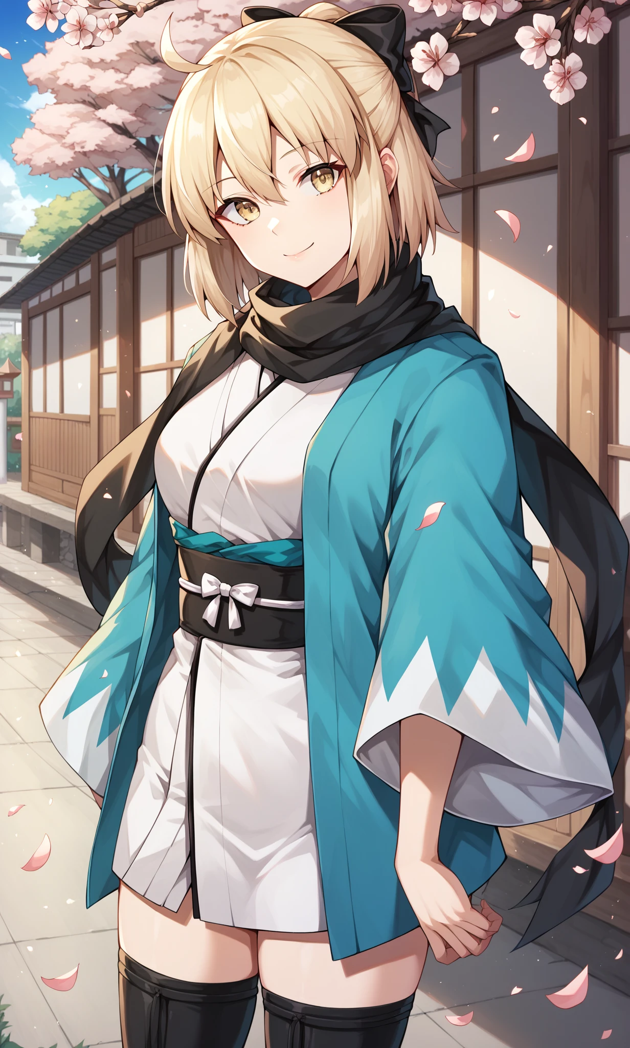 score_9, score_8_up, score_7_up, score_6_up, score_5_up, score_4_up, BREAK source_anime, 1girl, solo, outdoors, street, cherry blossom, cowboy shot, standing, looking at viewer, smile, closed mouth, okita, yellow eyes, blonde hair, short hair, ahoge, hair bow, black bow, black scarf, white kimono, short kimono, black sash, blue jacket, jacket on shoulders, haori, wide sleeves, black thighhighs