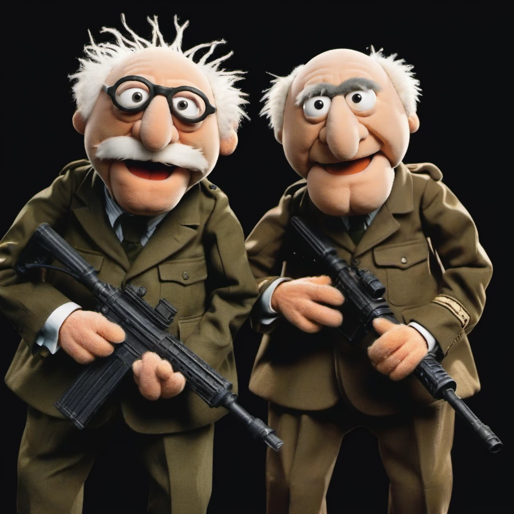 2 old bald muppets wears camouflage soldier clothing, holds machineguns <lora:StatlerWaldorf1024-000120:0.8>