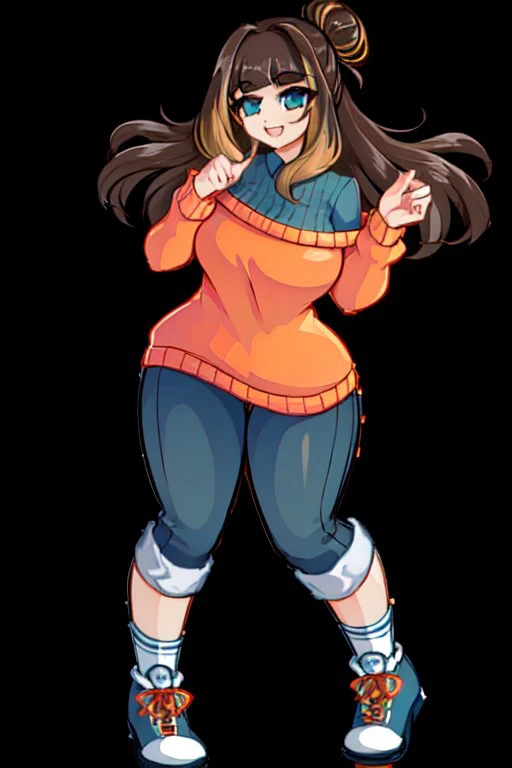 peanutcrushcrush, solo, 1girl, blue eyes, blue shirt, orange shoulder sweater, pants, brown hair, multicolored hair, long hair, single hair bun, thick thighs, simple background, blank background, looking at viewer, full body, HD, 4K