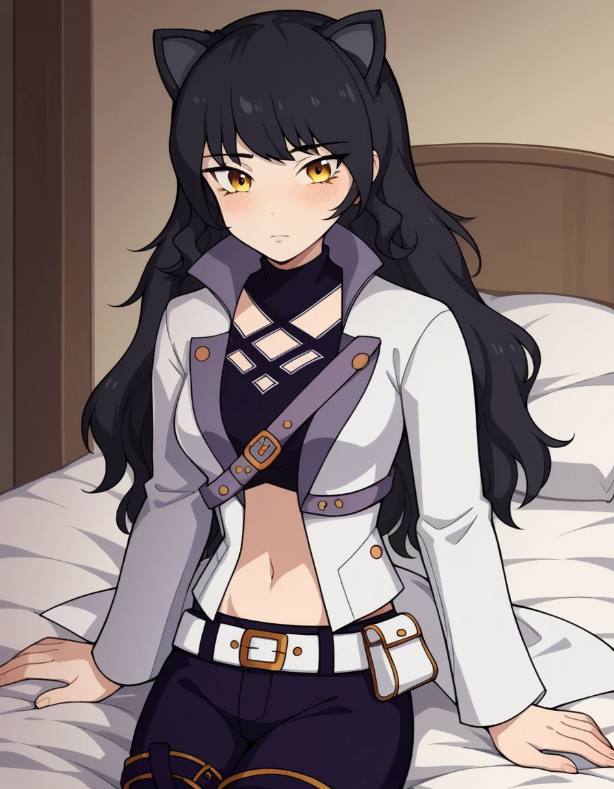 score_9, score_8_up, score_7_up, source_anime, <lora:blake-belladona-ponyxl-lora-nochekaiser:1>, blake, blake belladonna, long hair, black hair, yellow eyes, bow, hair bow, black bow, long hair, bangs,, navel, midriff, belt, jacket, white jacket, long sleeves, open clothes, halterneck, criss-cross halter, pants, black pants, bangs, animal ears, cat ears,, indoors, bed, bed room, on side, blush, drunk, looking at viewer, solo, cowboy shot, dutch angle