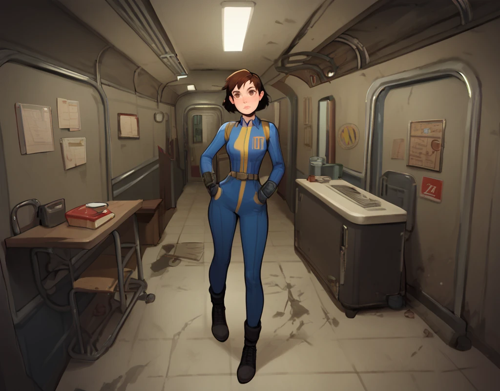 score_9, score_8_up, score_7_up, score_6_up, score_5_up, score_4_up, brown hair, tomboy, round face, puffy eyes, wearing collared jumpsuit, Vault-Tec, Fallout,  bunker, indoors, chair, pocket door, tiles, subway, <lora:Fallout_BG:.7>