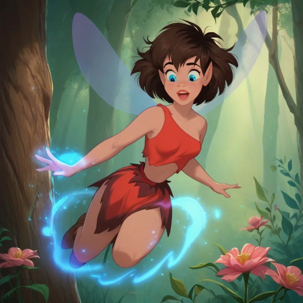 score_9, score_8_up, score_7_up, score_6_up, score_5_up, score_4_up, CrystaFern, 1girl, solo, fairy, in a forest , brown hair, flying, blue magic, flowers