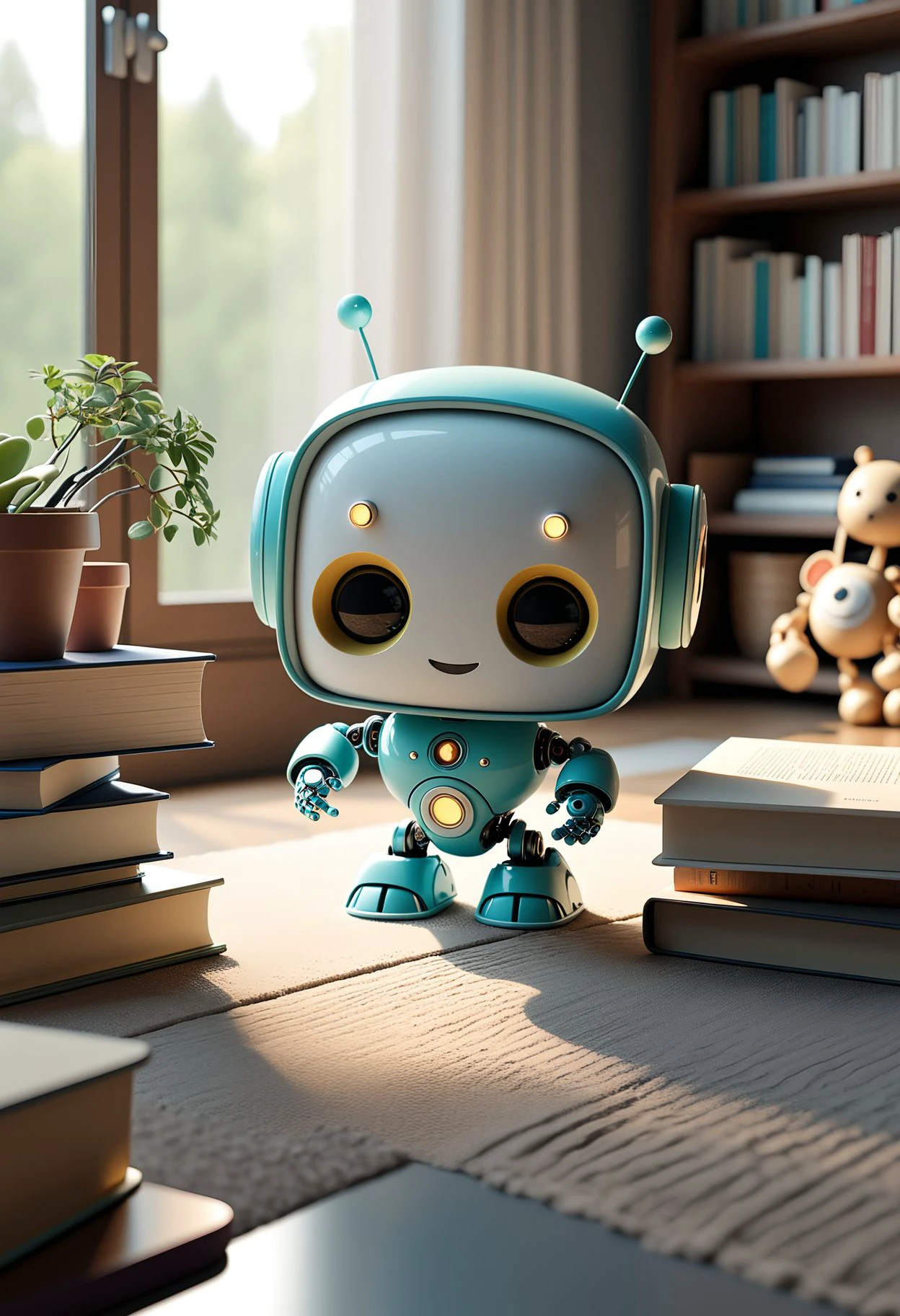 A cute robot  in a cozy indoor setting. <lora:Cute_Robots:1>, [photography, realistic, photorealistic, 8k, highly detailed, cinematic lighting, intricate details, high resolution, award-winning,   correct focus, realistic, realistic lighting, highly detailed,  masterpiece], [ 3D rendering, 3d style, hyper detailed, octane render, Unreal engine 5, RTX shader, hyper detailed texture with reflection, HDR, ultra realistic, raytracing], 3D toy, standing character, tiny, cute, soft lighting, pastel colors, skottie young, blender, pop surrealism, pbr