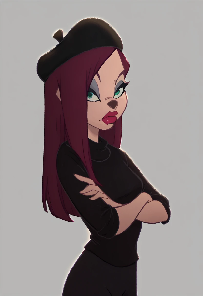 <lora:BeretGirlpony1.0:0.9>beretgirl, 1girl, long hair, beret, solo, purple hair, makeup, lipstick, black shirt, black pants, green eyes, looking at viewer, score_9, score_8_up, score_7_up, score_6_up, score_5_up, score_4_up, simple background, crossed arms,