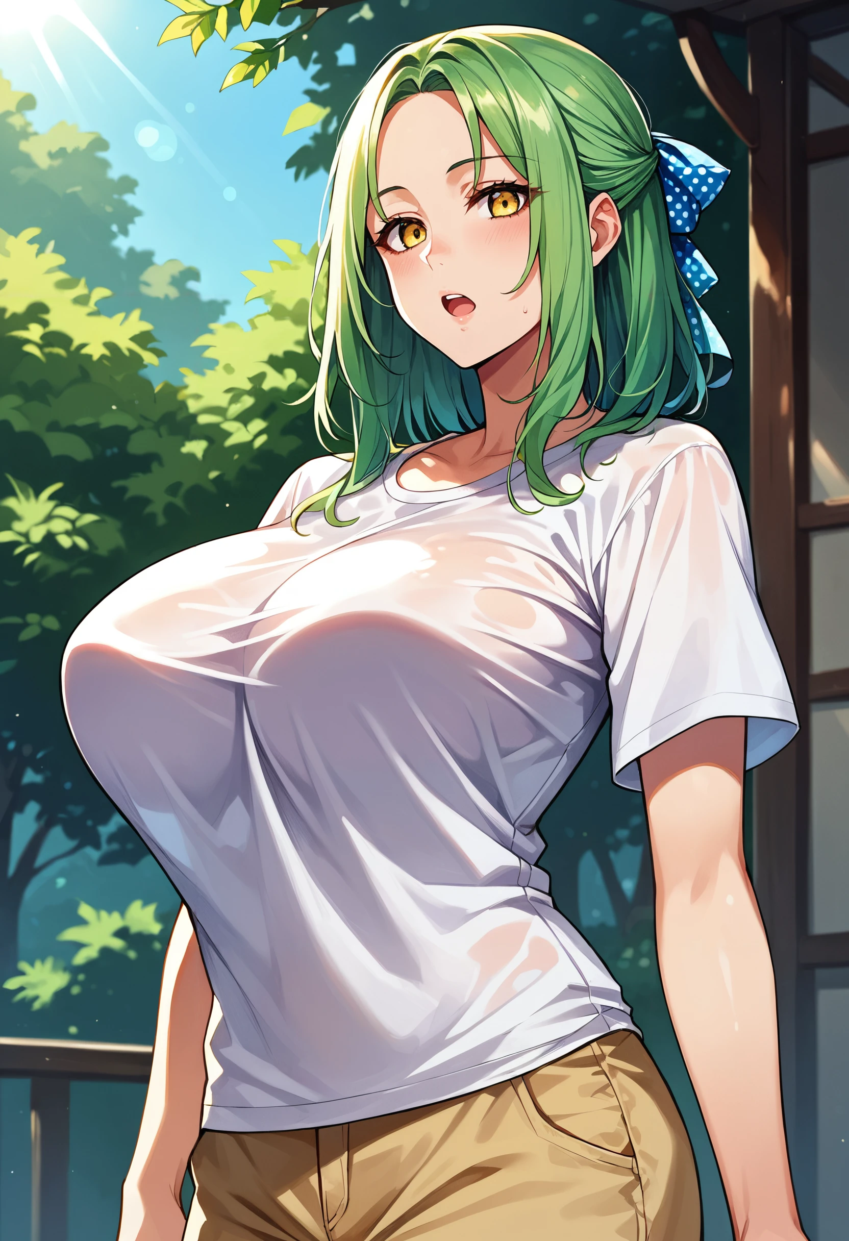 One Woman、Braided twin tails、Huge breasts、（Huge breasts：1.8)、Glasses、blue eyes、Green Hair、underwear,underwearが見えている,Tバックのunderwear,String Panties,Pubic hair sticking out，Pubic hair sticking out，Nipples are erect,Nipples are erect，See-through robes、、Sister clothes、Eyepatch bikini bottoms only、Tie pants、Turning her back to the viewer、Posing seductively