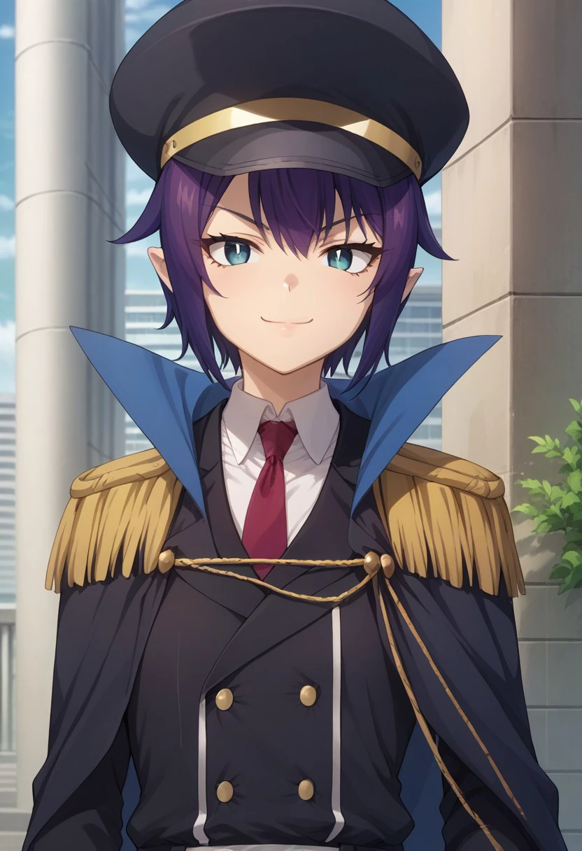 score_9, score_8_up, score_7_up, source_anime, highly detailed, 
saurva, 1girl, solo, necktie, hat, pointy ears, short hair, smile, looking at viewer, purple hair, uniform, epaulettes, red necktie, closed mouth, military,
military uniform, shirt, black headwear, upper body, white shirt, blue eyes,
military hat, peaked cap, collared shirt, cape, bangs, black jacket,
outdoor,