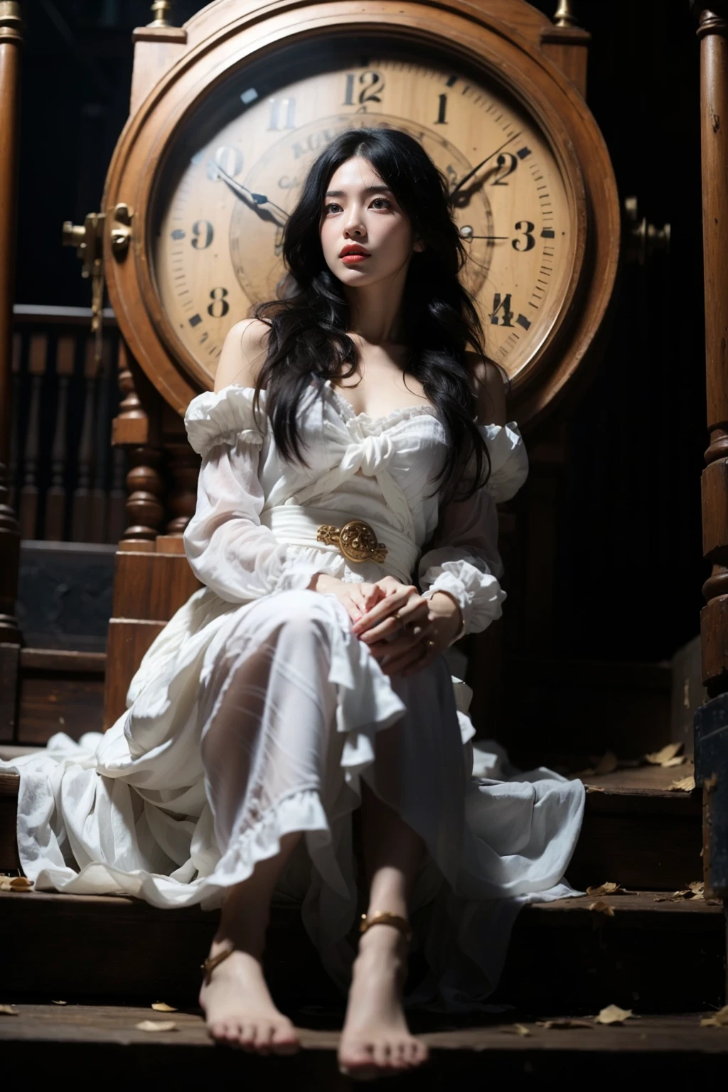 photorealistic,realistic,photography,masterpiece,best quality,ultra-detailed,extremely detailed CG unity 8k wallpaper,(reality: 1.4),1girl,solo,long hair,looking at viewer,black hair,long sleeves,dress,sitting,full body,barefoot,puffy sleeves,white dress,lips,stairs,realistic,clock,red lips,girl clock, <lora:JAY - Girl Clock:0.8>